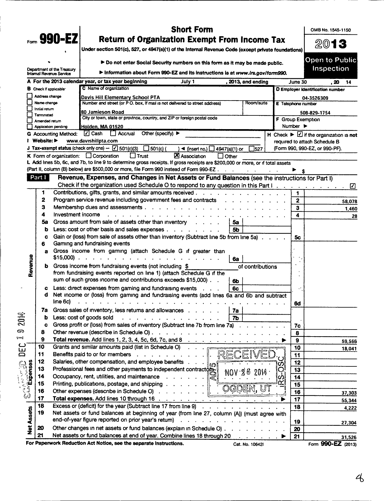 Image of first page of 2013 Form 990EZ for PTA Massachusetts Parent-Teacher Association / Davis Hill Elementary School PTA