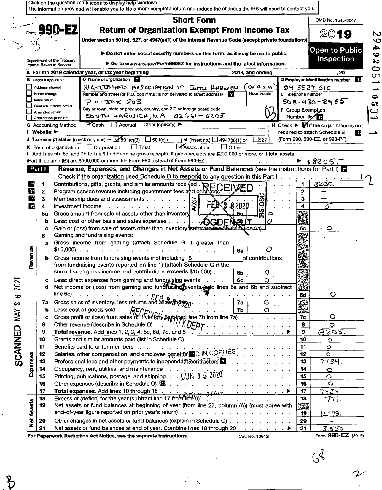 Image of first page of 2019 Form 990EZ for Watershed Association of South Harwich