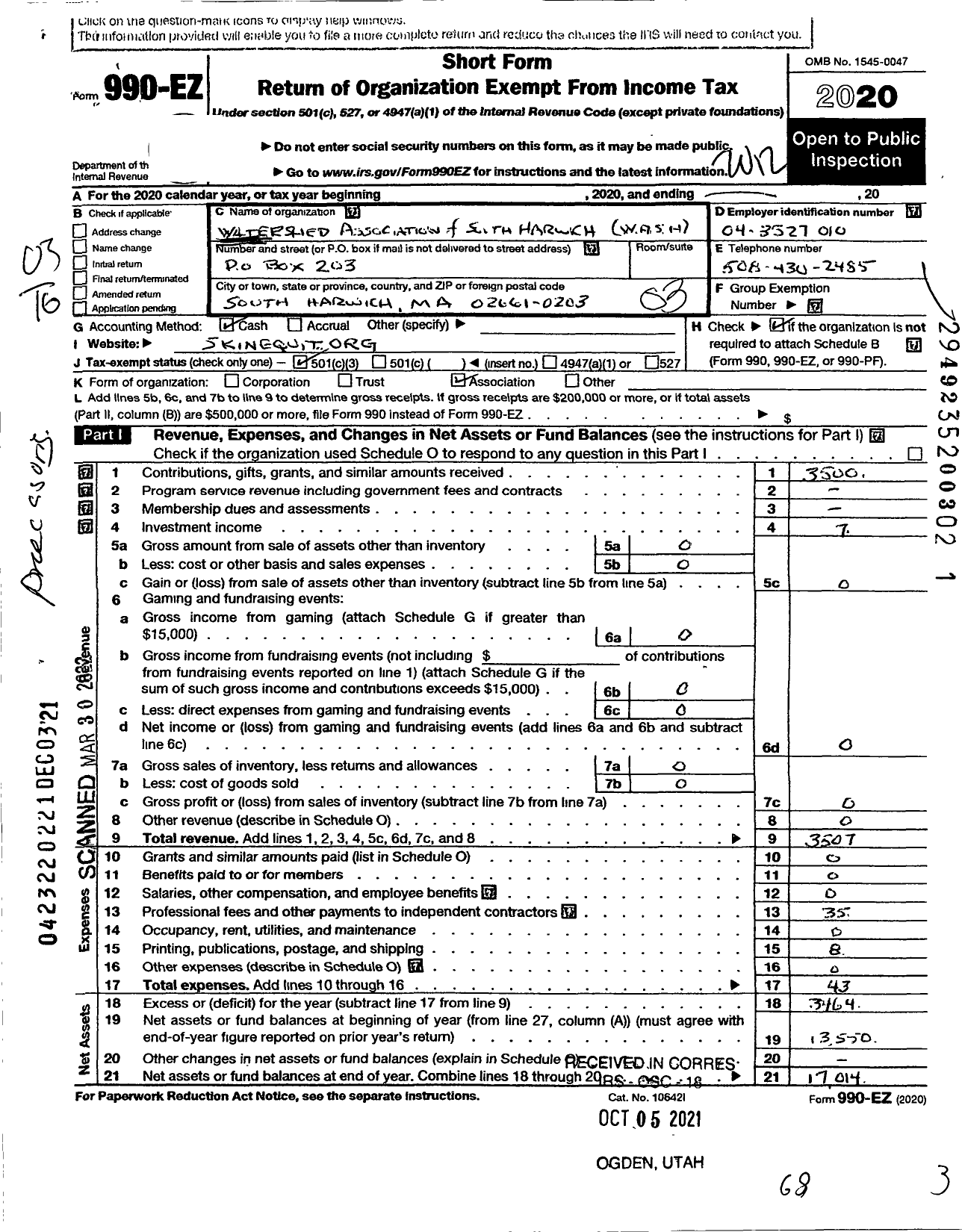 Image of first page of 2020 Form 990EZ for Watershed Association of South Harwich