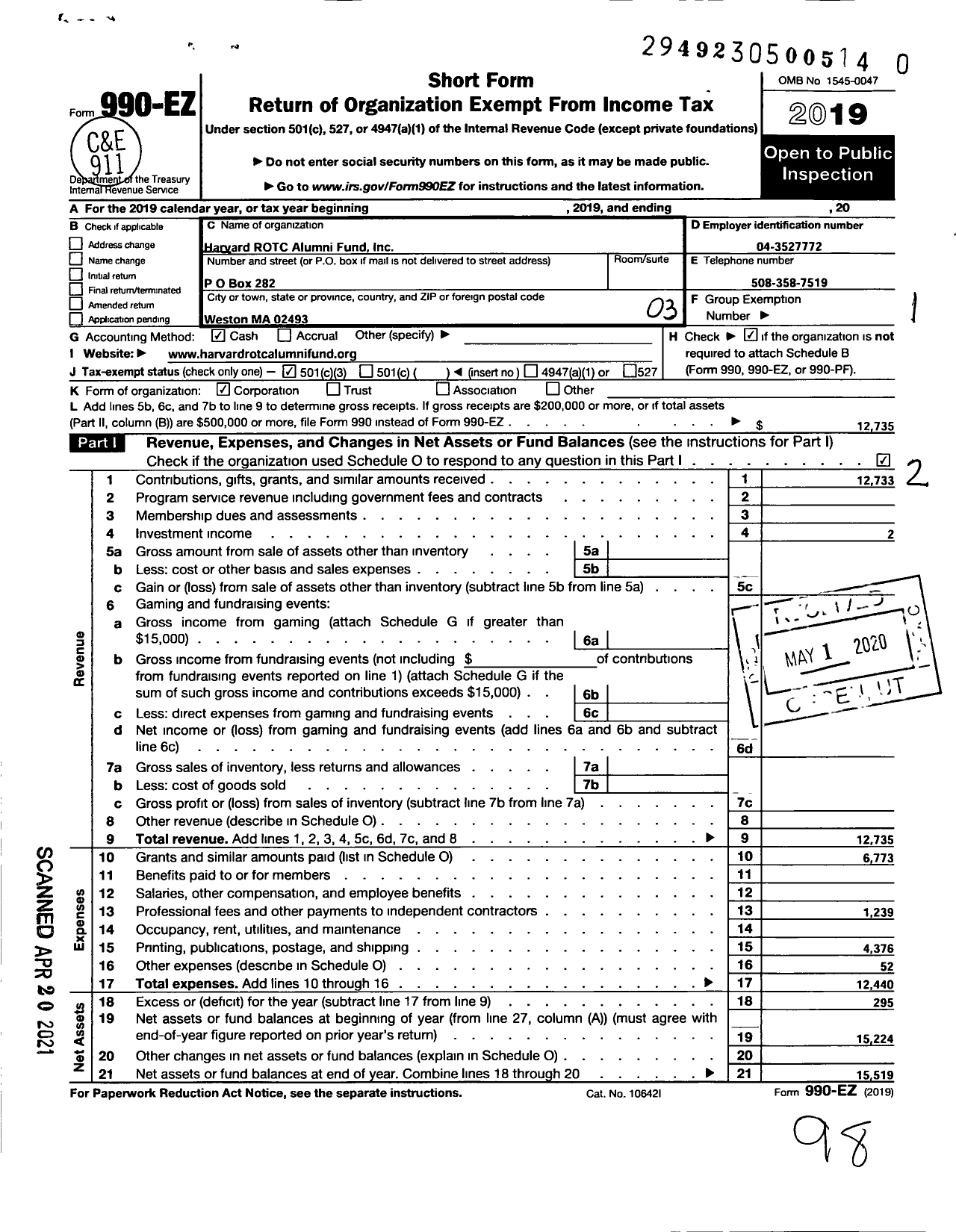 Image of first page of 2019 Form 990EZ for Harvard Rotc Alumni Fund