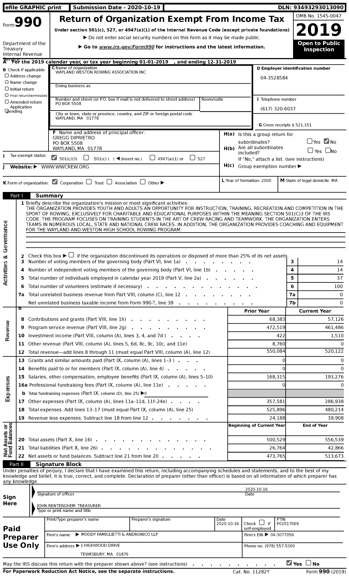 Image of first page of 2019 Form 990 for Wayland-Weston Rowing Association