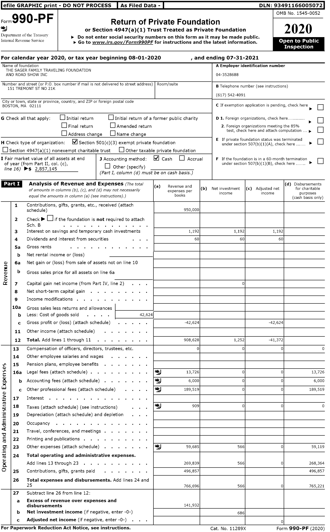 Image of first page of 2020 Form 990PF for The Sager Family Traveling Foundation and Road Show