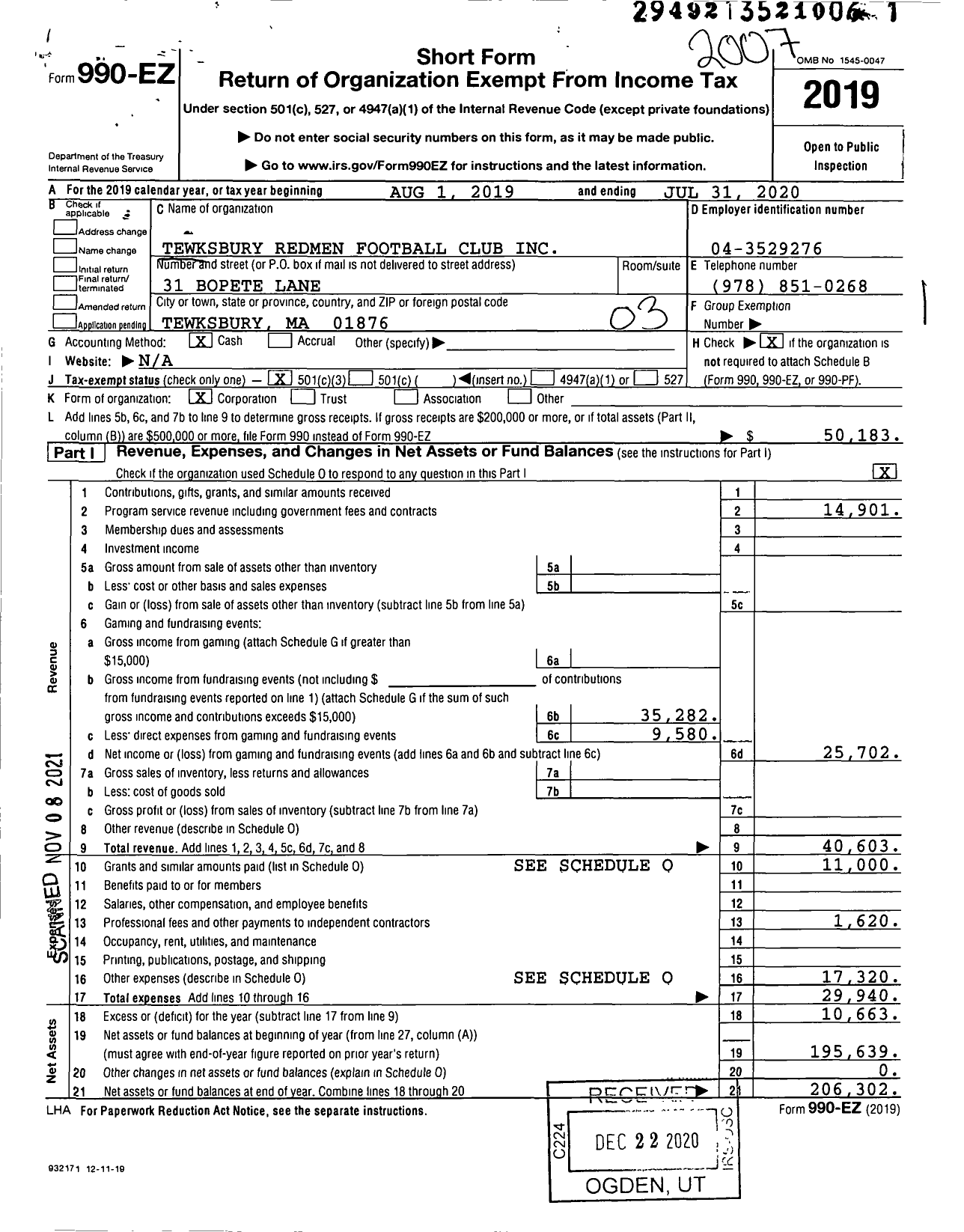 Image of first page of 2019 Form 990EZ for Tewksbury Redmen Football Club