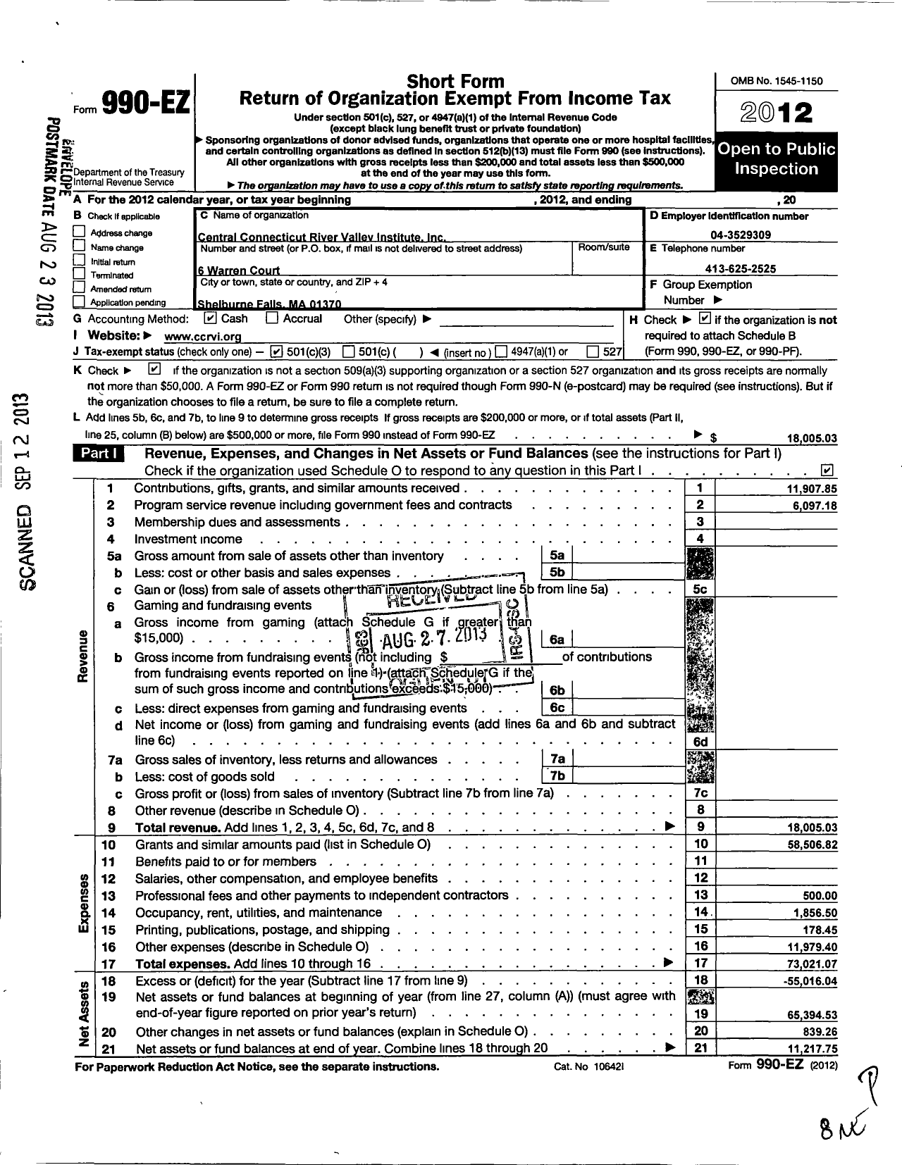 Image of first page of 2012 Form 990EZ for Central Connecticut River Valley Institute