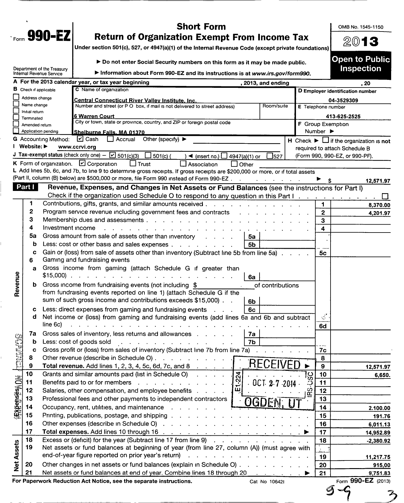 Image of first page of 2013 Form 990EZ for Central Connecticut River Valley Institute