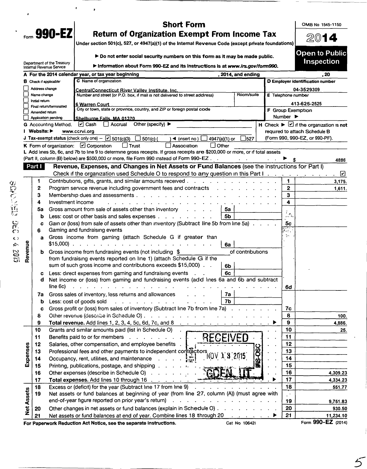 Image of first page of 2014 Form 990EZ for Central Connecticut River Valley Institute