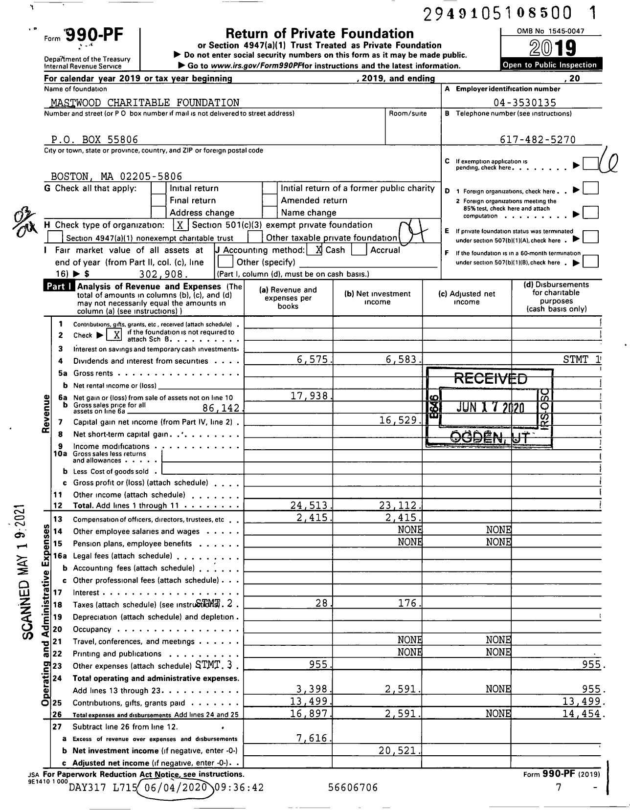 Image of first page of 2019 Form 990PF for Mastwood Charitable Foundation