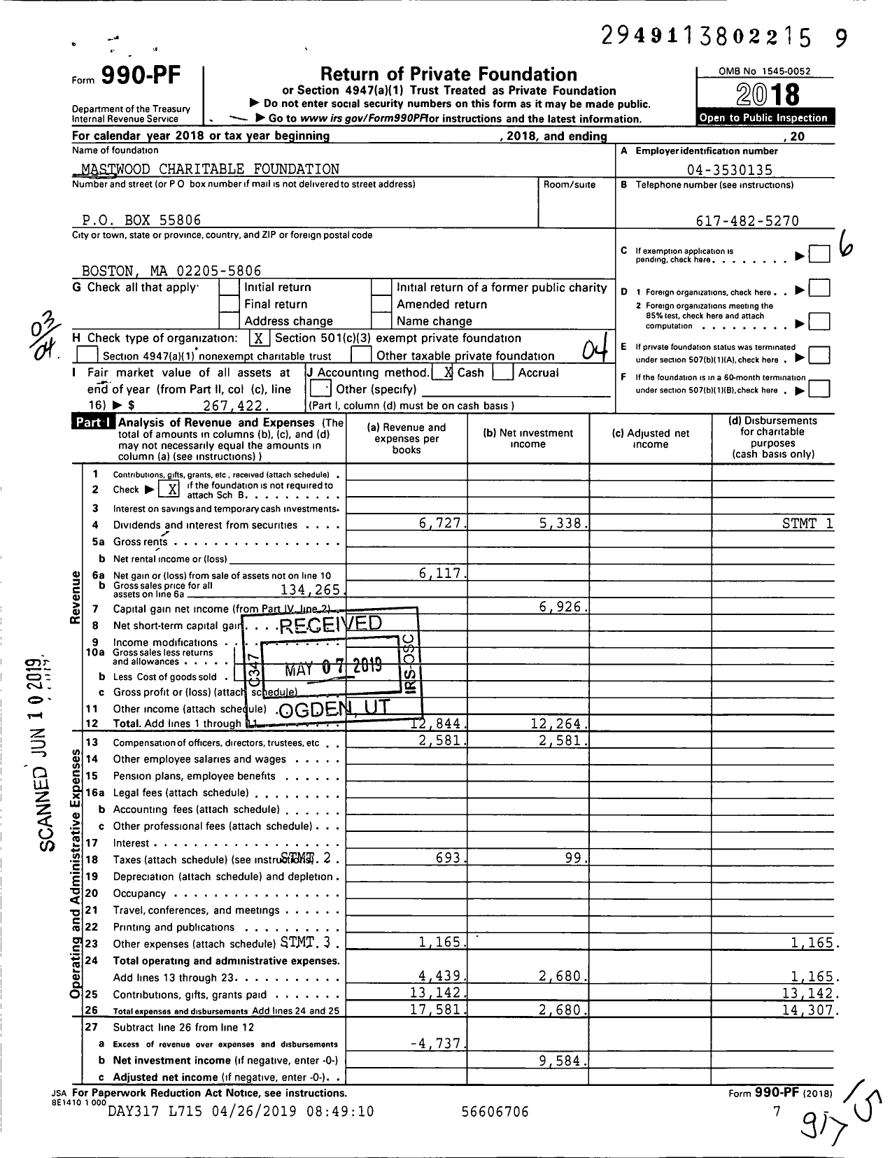 Image of first page of 2018 Form 990PF for Mastwood Charitable Foundation