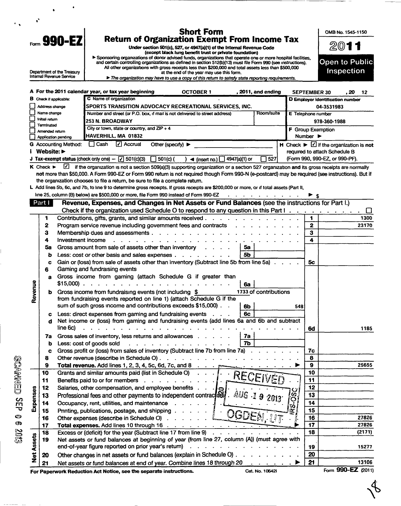 Image of first page of 2011 Form 990EZ for Sports Transition Advocacy Recreational Services