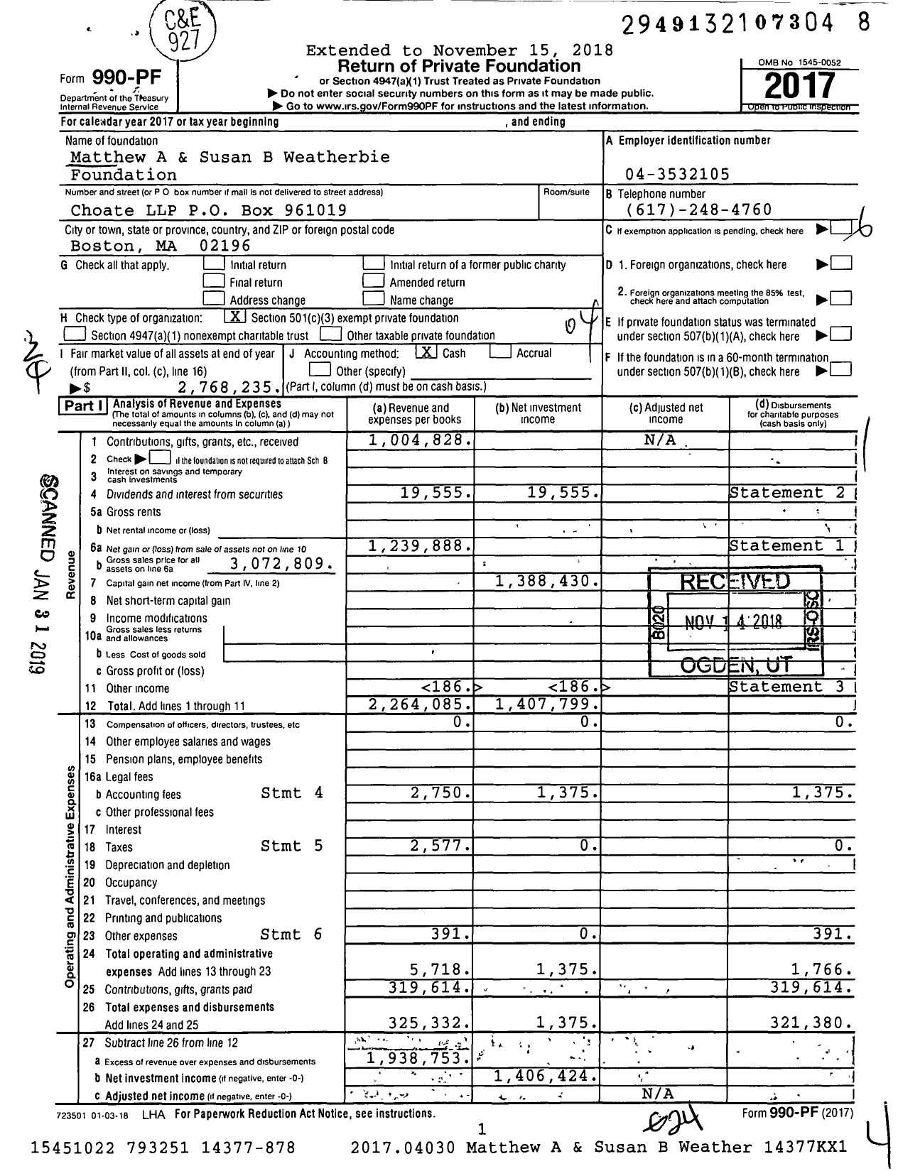 Image of first page of 2017 Form 990PF for Matthew A & Susan B Weatherbie Foundation