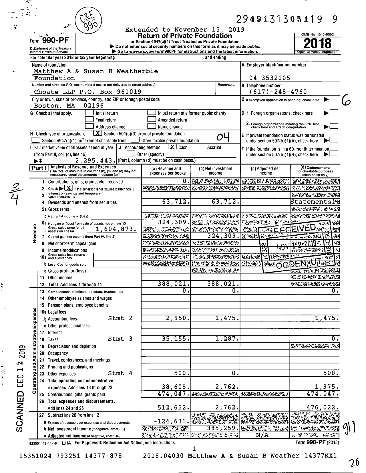 Image of first page of 2018 Form 990PF for Matthew A & Susan B Weatherbie Foundation