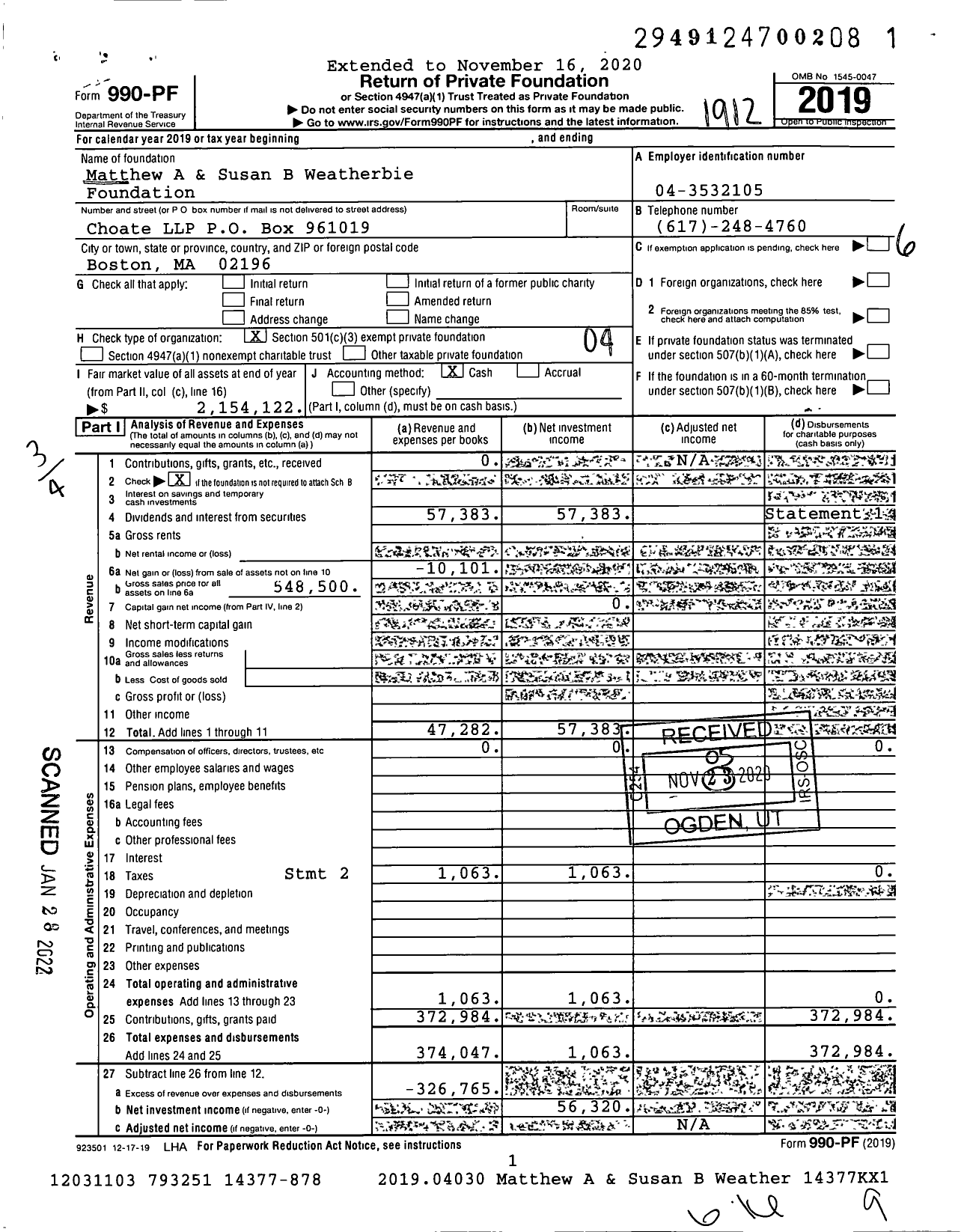 Image of first page of 2019 Form 990PF for Matthew A & Susan B Weatherbie Foundation