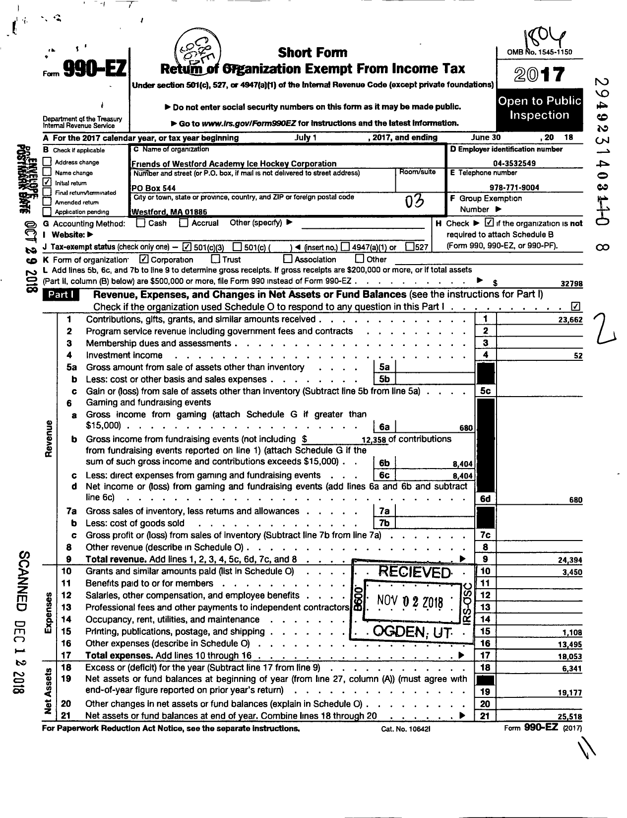 Image of first page of 2017 Form 990EZ for Friends of Westford Academy Ice Hockey Corporation