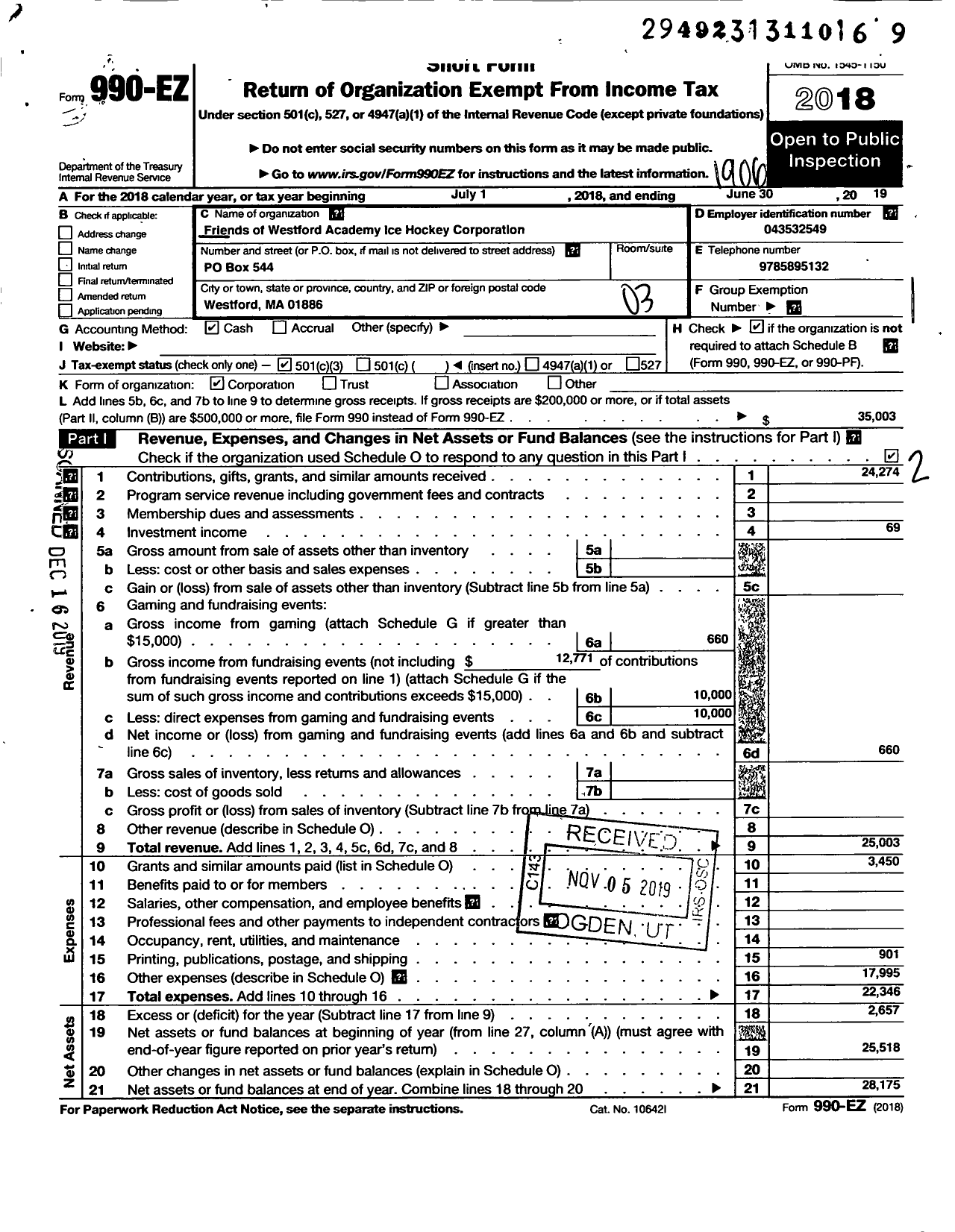 Image of first page of 2018 Form 990EZ for Friends of Westford Academy Ice Hockey Corporation