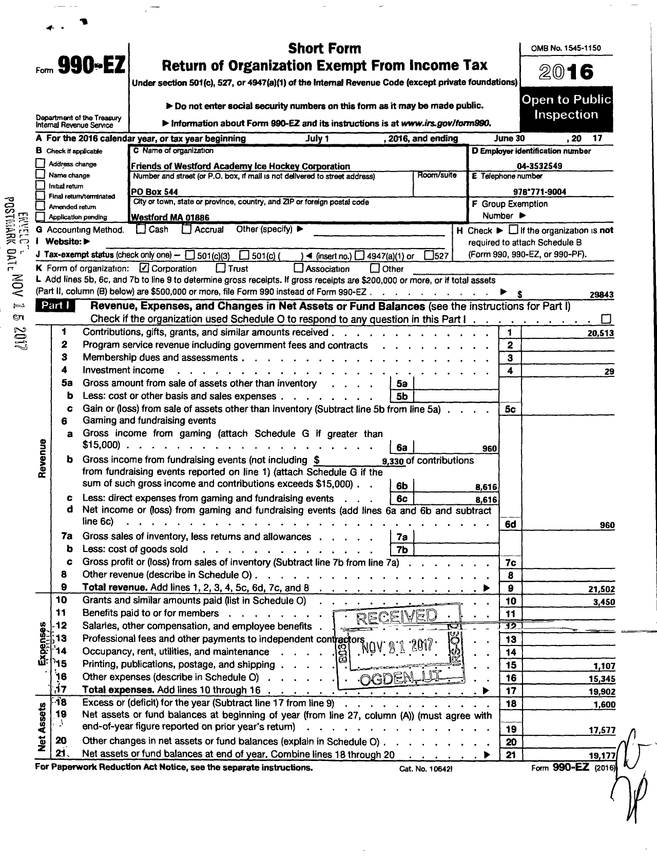 Image of first page of 2016 Form 990EO for Friends of Westford Academy Ice Hockey Corporation