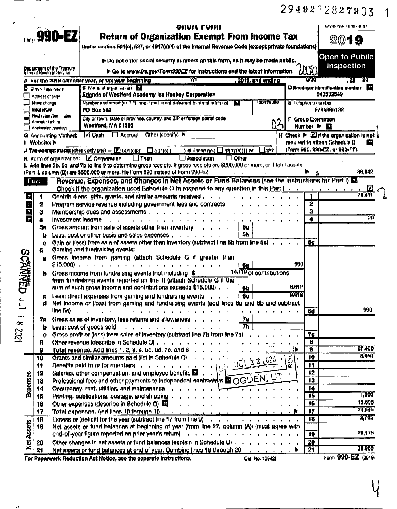 Image of first page of 2019 Form 990EZ for Friends of Westford Academy Ice Hockey Corporation