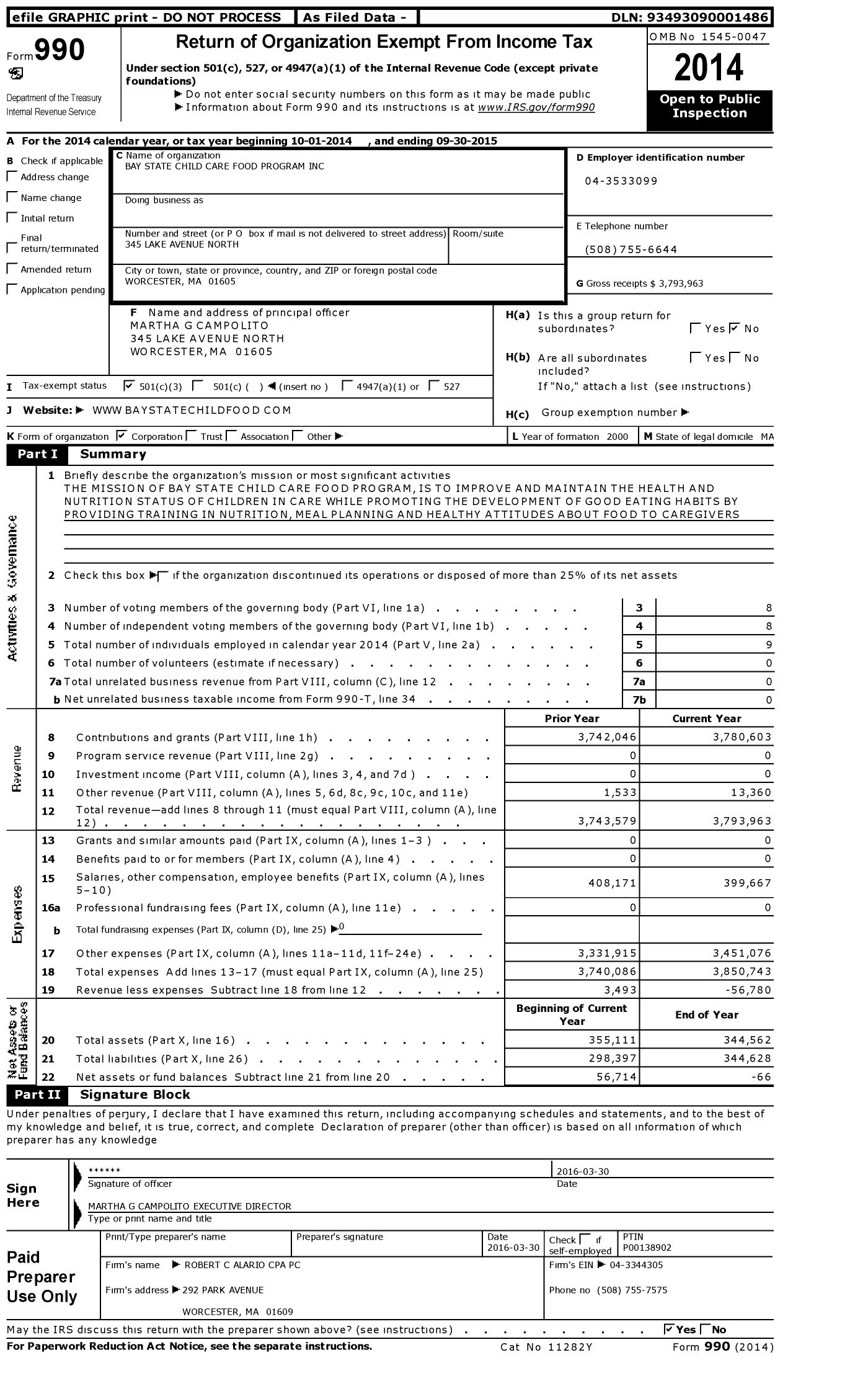Image of first page of 2014 Form 990 for Bay State Child Care Food Program