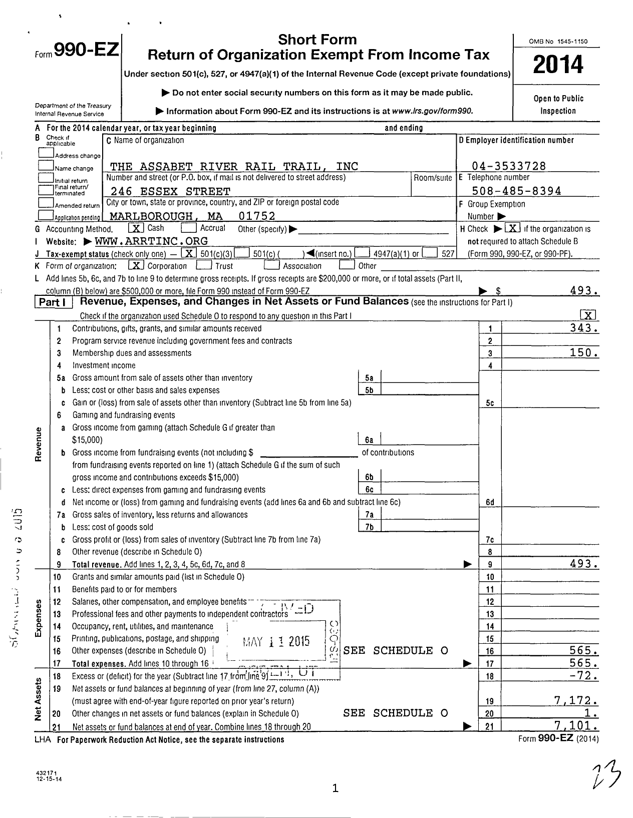 Image of first page of 2014 Form 990EZ for The Assabet River Rail Trail