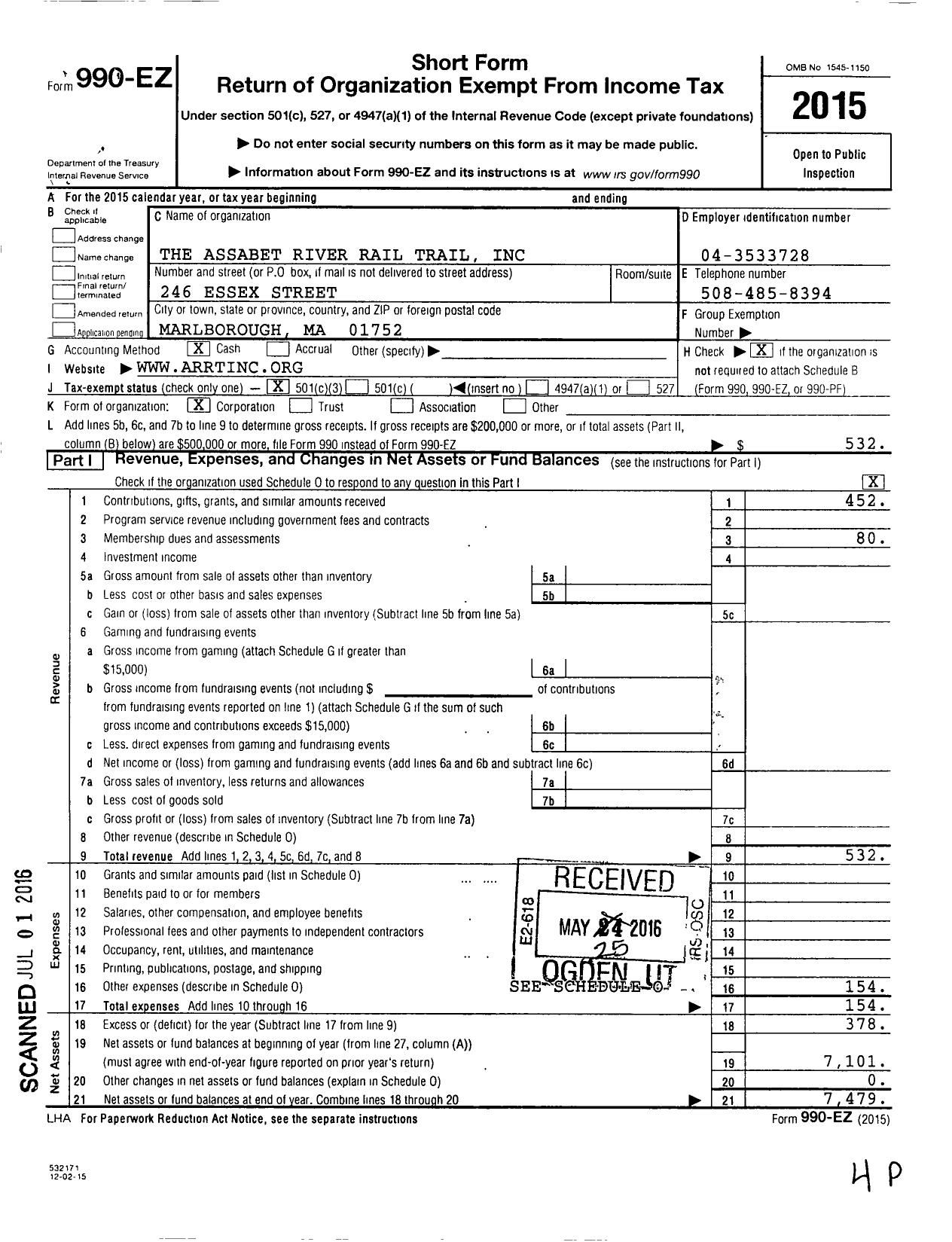 Image of first page of 2015 Form 990EZ for The Assabet River Rail Trail