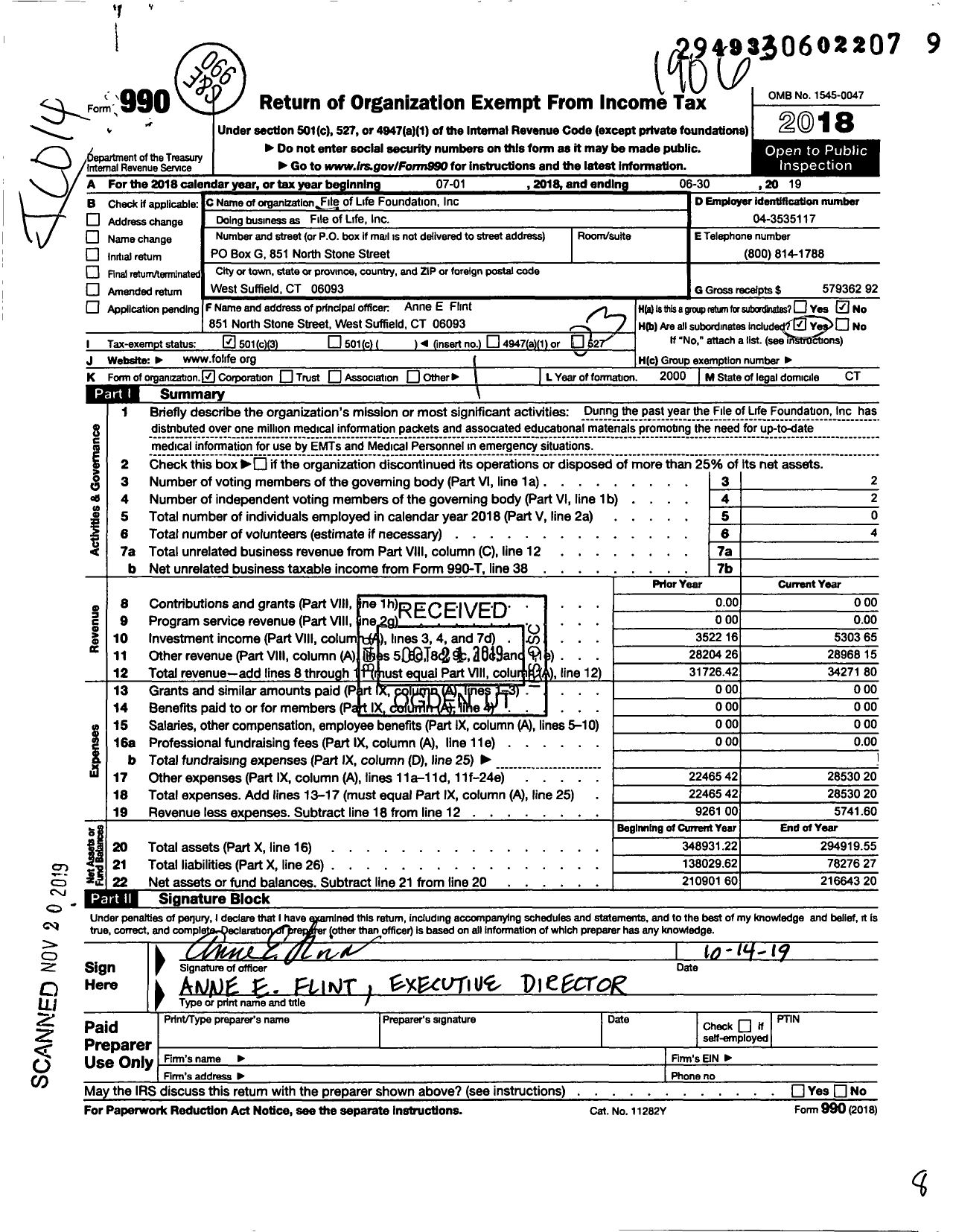 Image of first page of 2018 Form 990 for File of Life