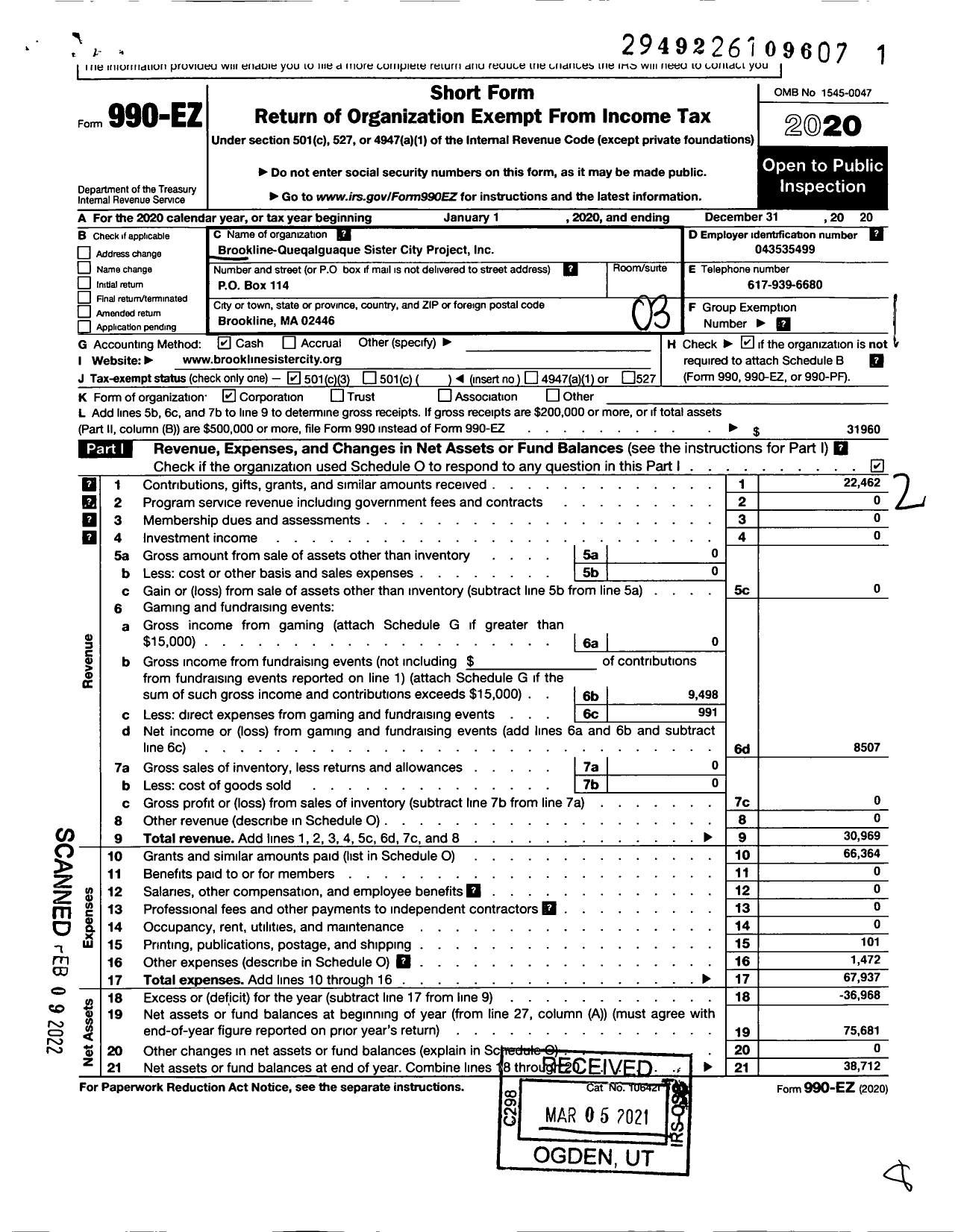 Image of first page of 2020 Form 990EZ for Brookline-Quezalguaque Sister City Project