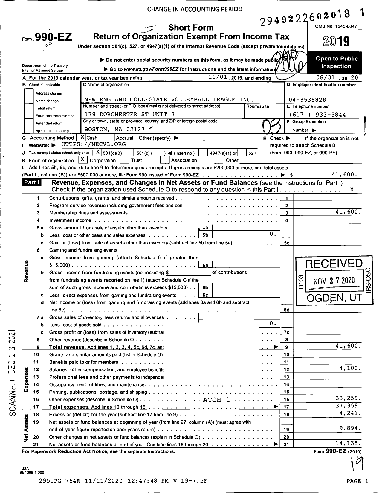 Image of first page of 2019 Form 990EZ for New England Collegiate Volleyball League