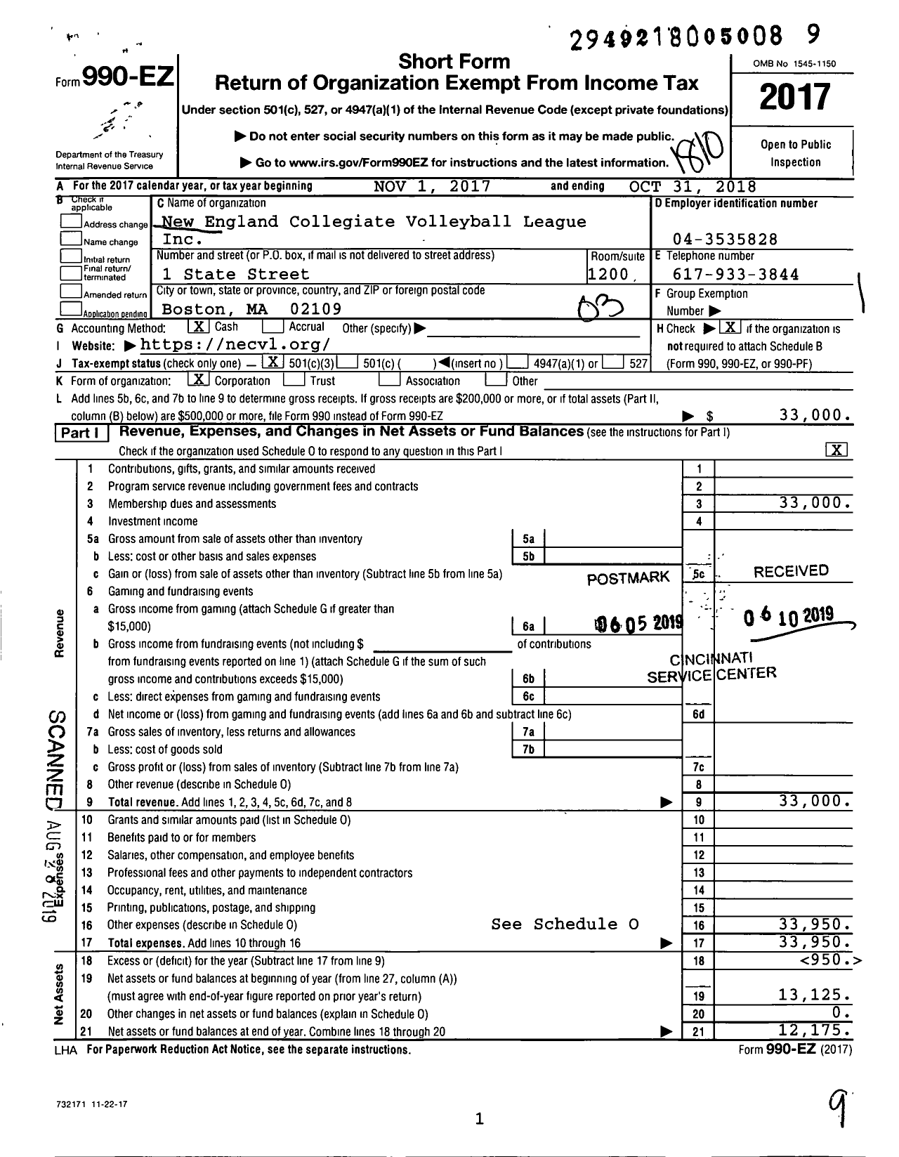 Image of first page of 2017 Form 990EZ for New England Collegiate Volleyball League