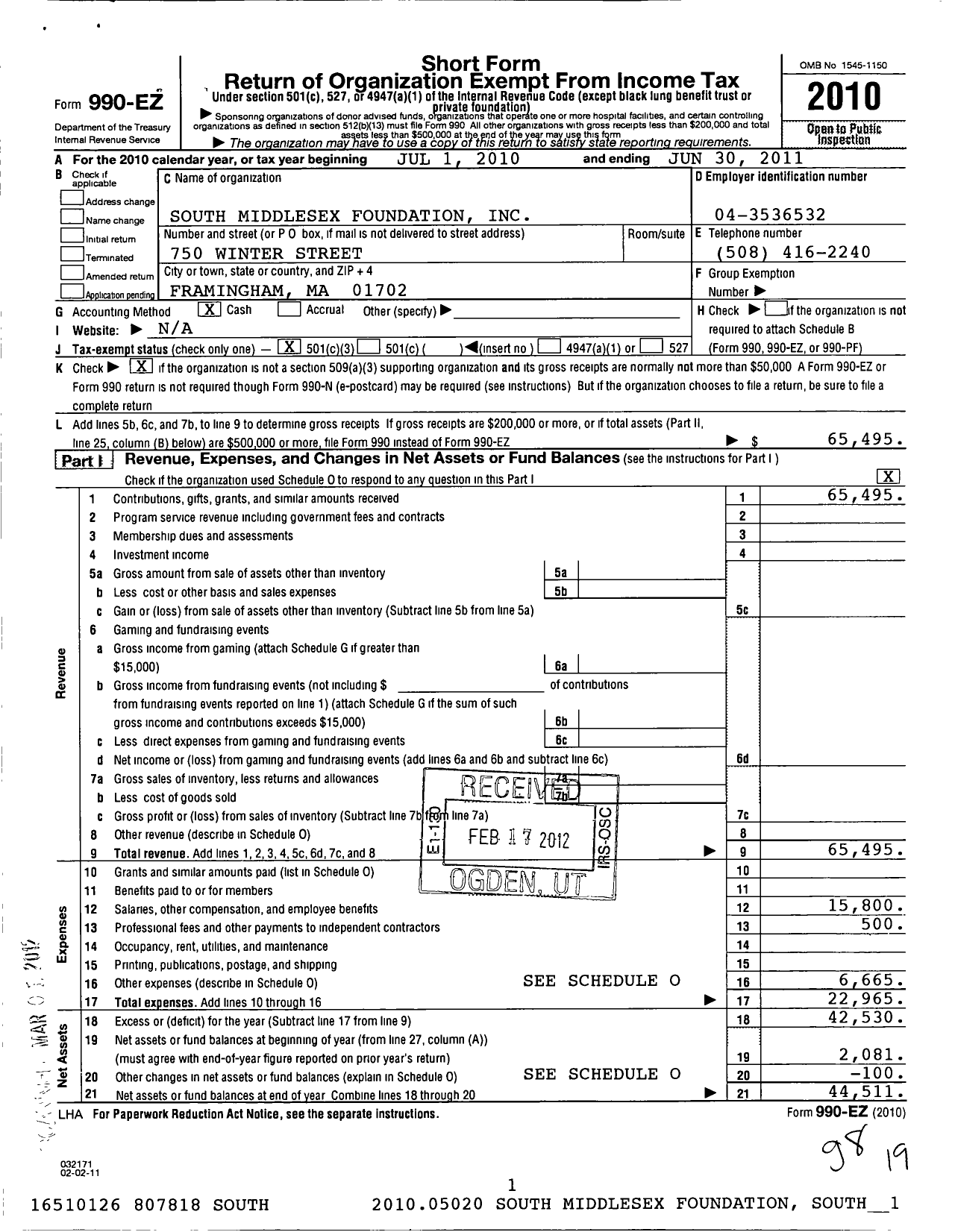 Image of first page of 2010 Form 990EZ for South Middlesex Foundation