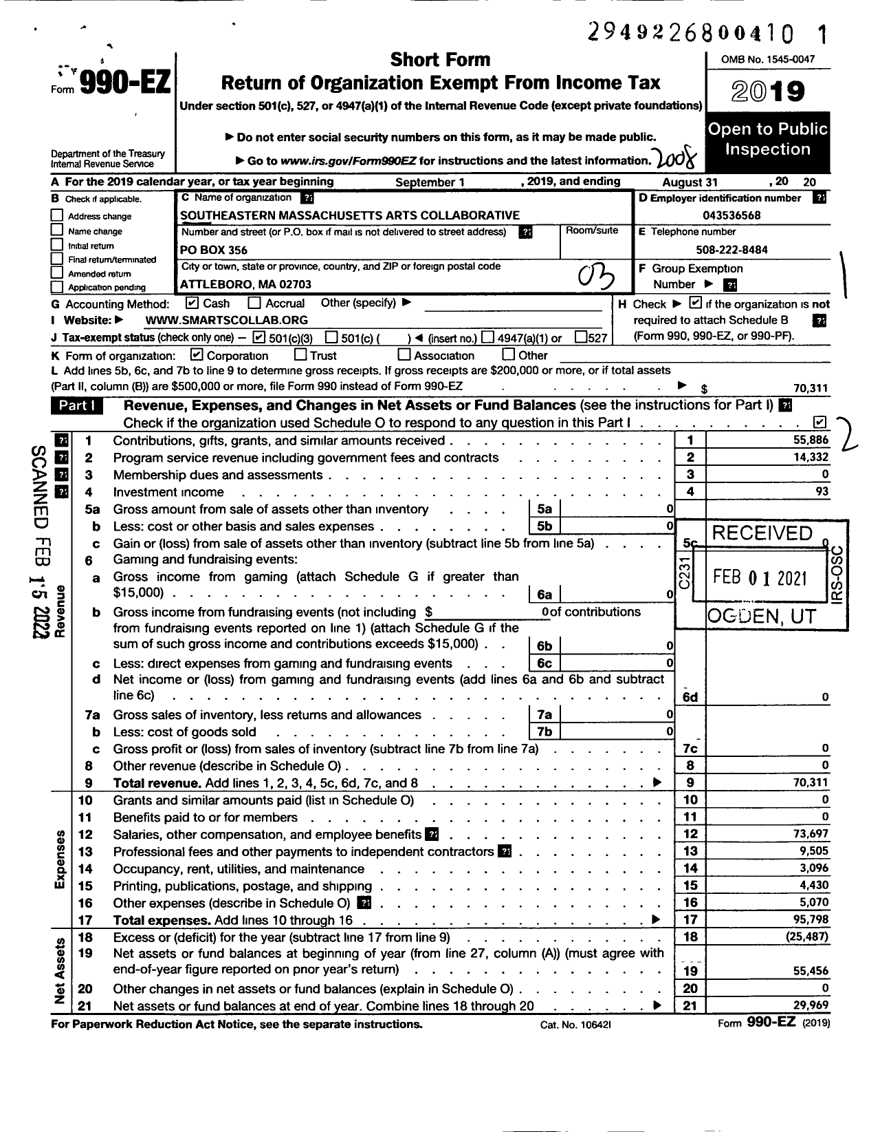 Image of first page of 2019 Form 990EZ for Southeastern Massachusetts Arts Collaborative