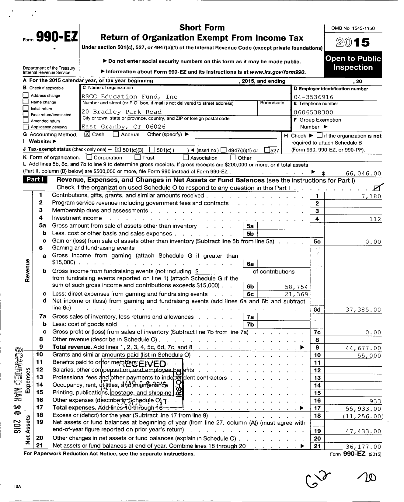 Image of first page of 2015 Form 990EZ for Rockbestos-Surprenant Education Fund