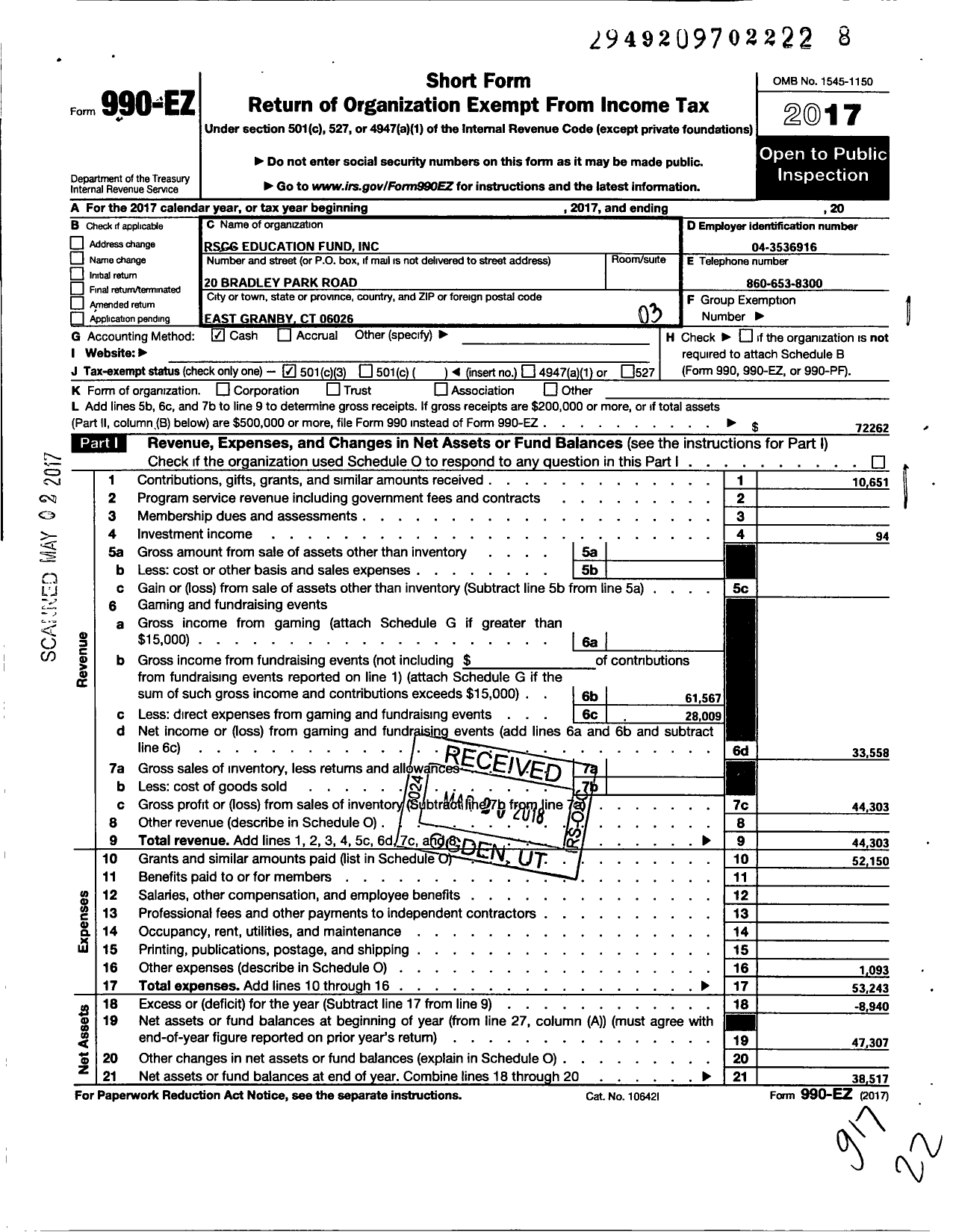 Image of first page of 2017 Form 990EZ for Rockbestos-Surprenant Education Fund