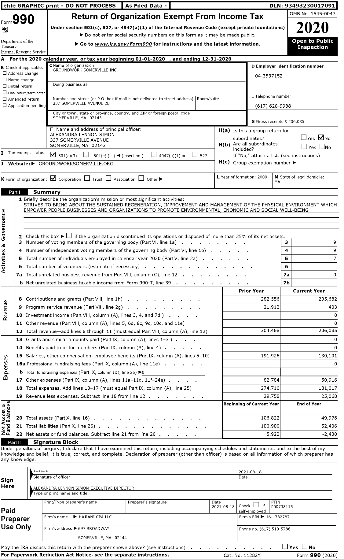 Image of first page of 2020 Form 990 for Groundwork Somerville