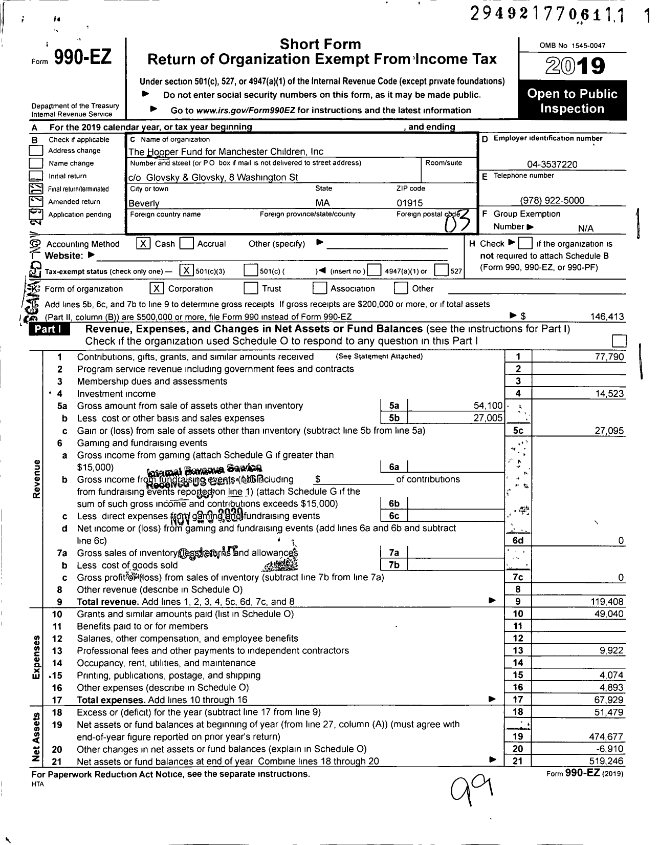 Image of first page of 2019 Form 990EZ for Hooper Fund for Manchester Children