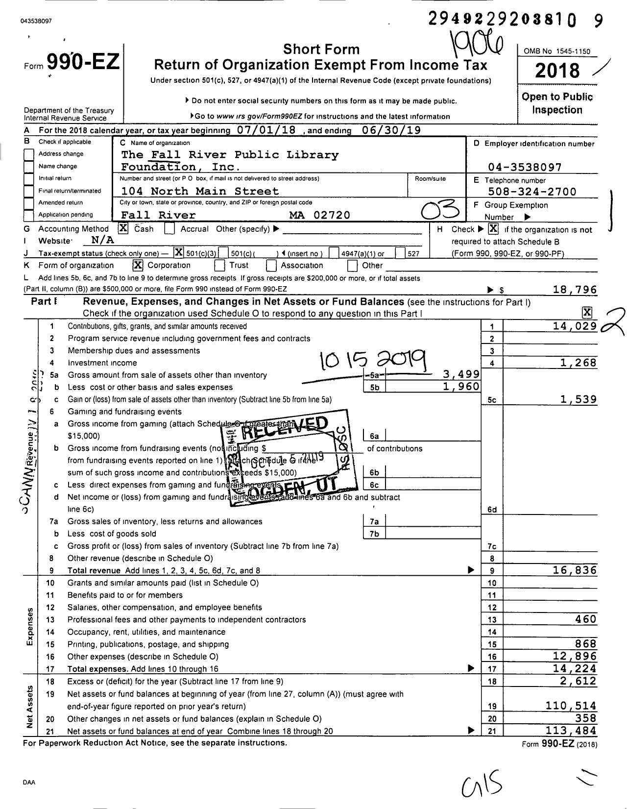 Image of first page of 2018 Form 990EZ for The Fall River Public Library Foundation