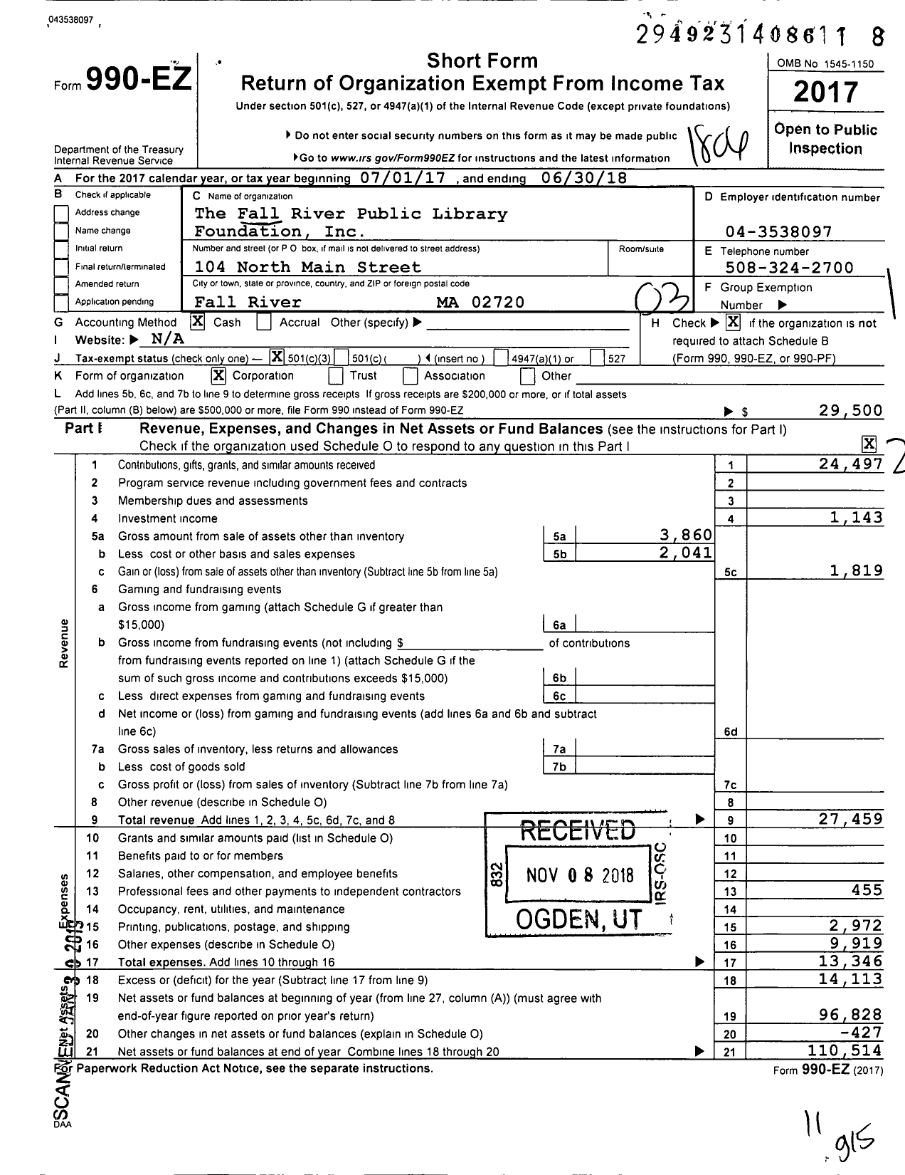 Image of first page of 2017 Form 990EZ for The Fall River Public Library Foundation