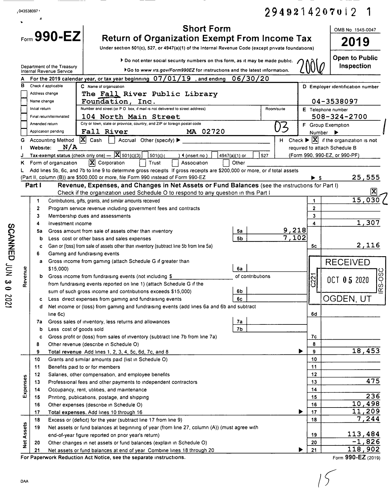 Image of first page of 2019 Form 990EZ for The Fall River Public Library Foundation