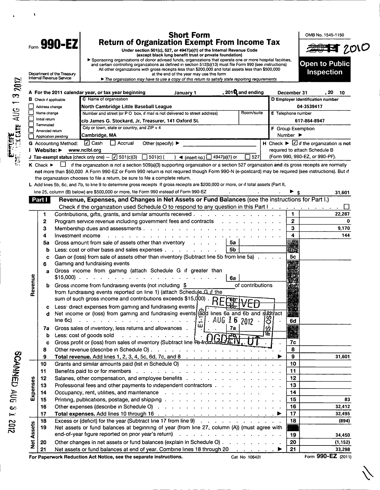 Image of first page of 2010 Form 990EZ for North Cambridge Little Baseball League