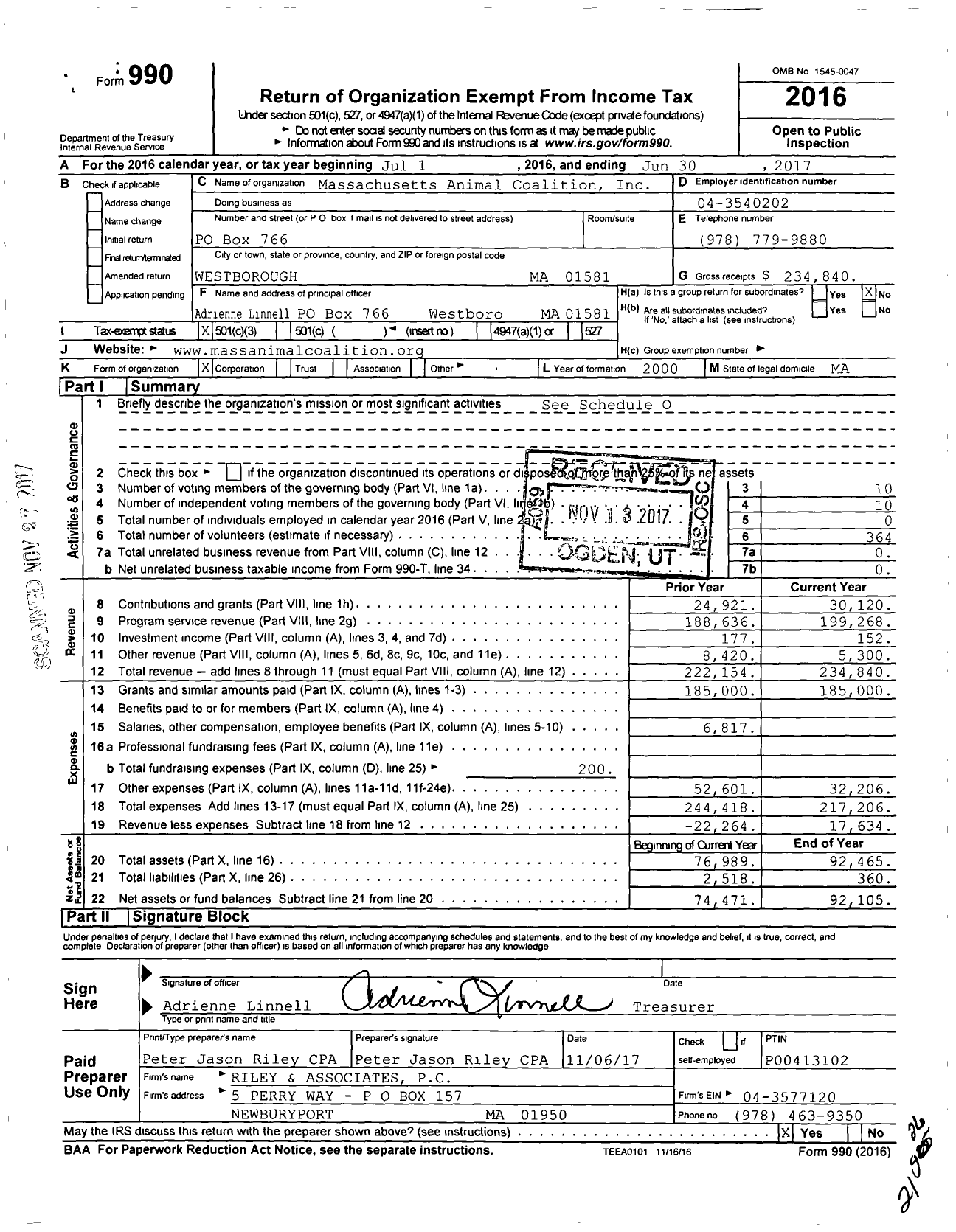 Image of first page of 2016 Form 990 for Massachusetts Animal Coalition