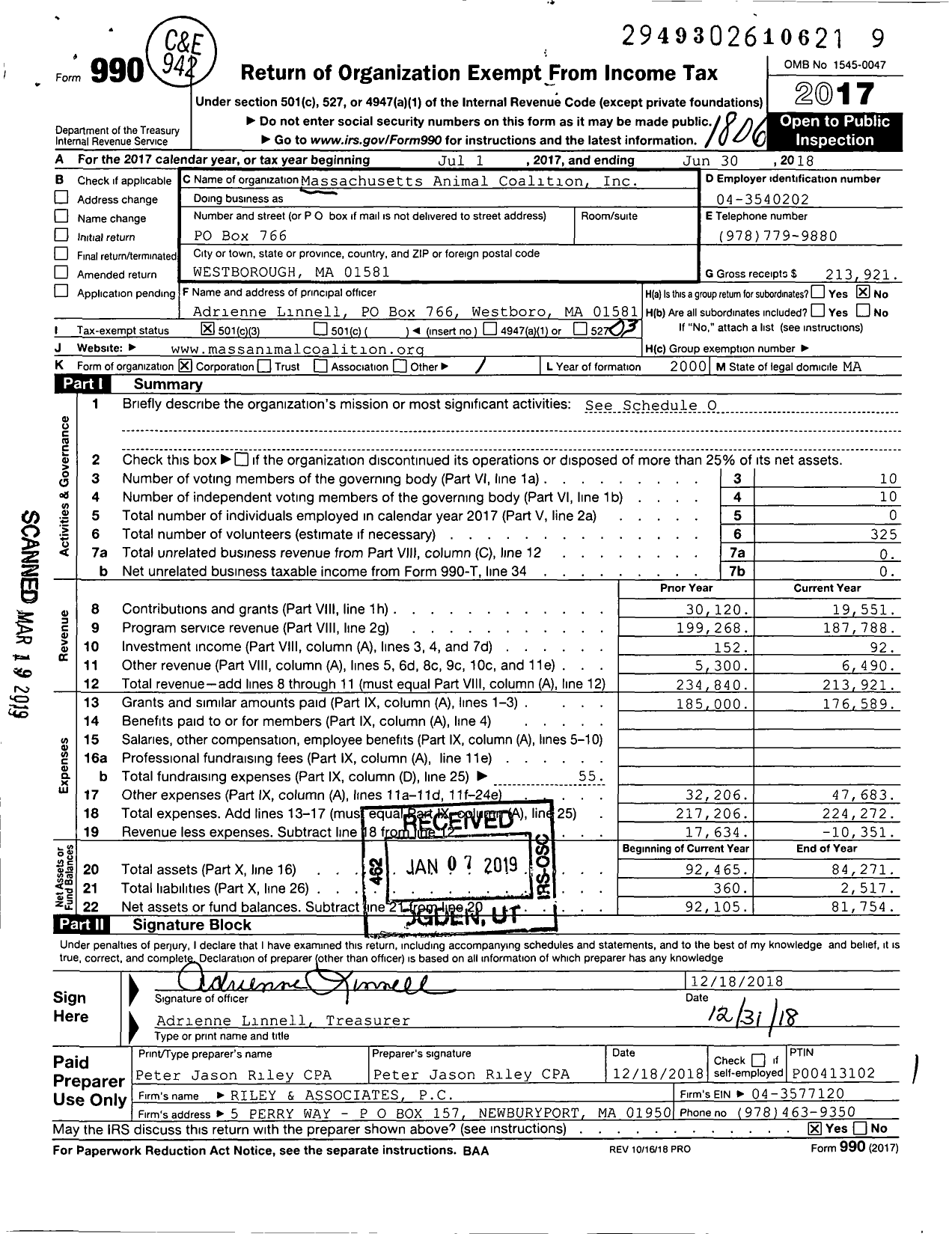 Image of first page of 2017 Form 990 for Massachusetts Animal Coalition