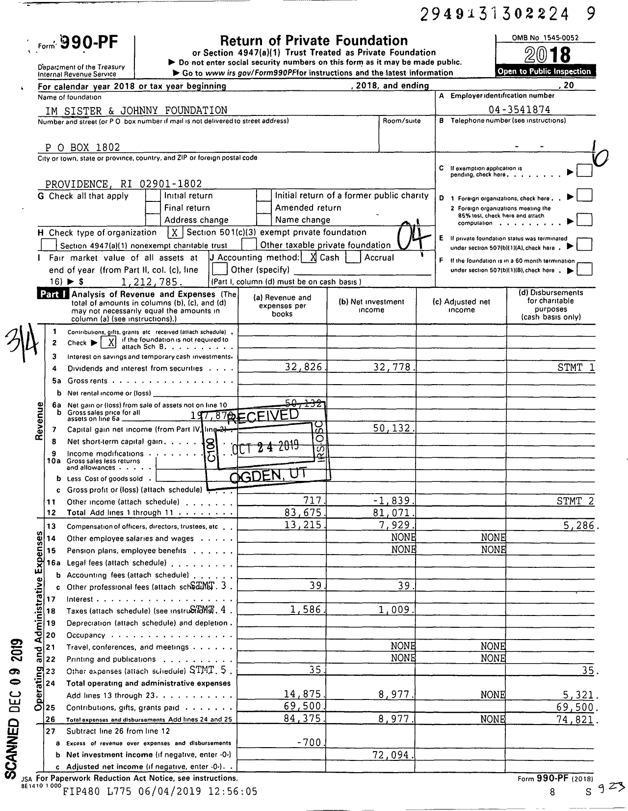 Image of first page of 2018 Form 990PF for Im Sister and Johnny Foundation
