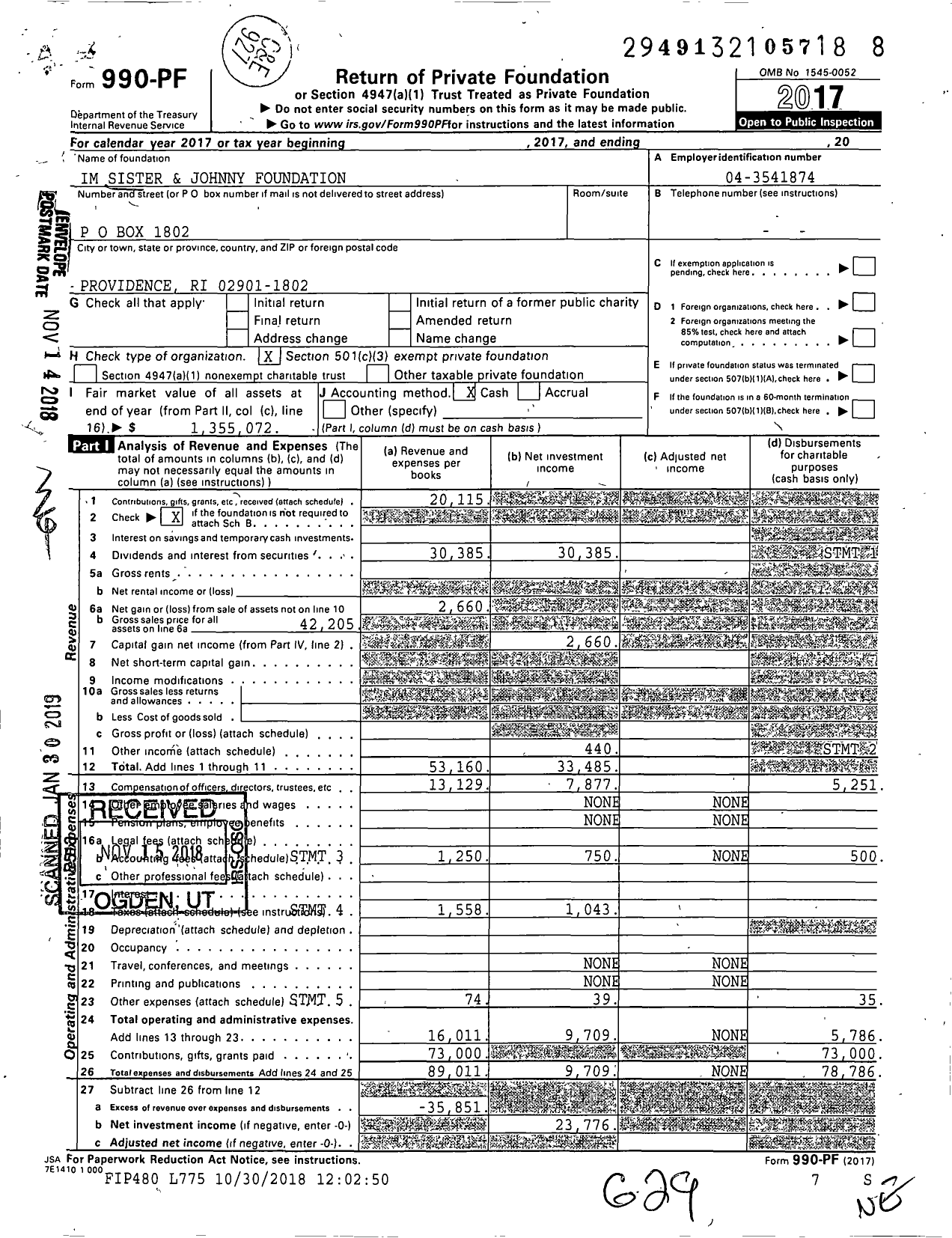 Image of first page of 2017 Form 990PF for Im Sister and Johnny Foundation