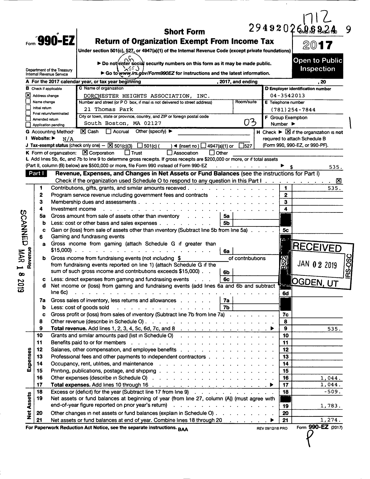 Image of first page of 2017 Form 990EZ for Dorchester Heights Assocation