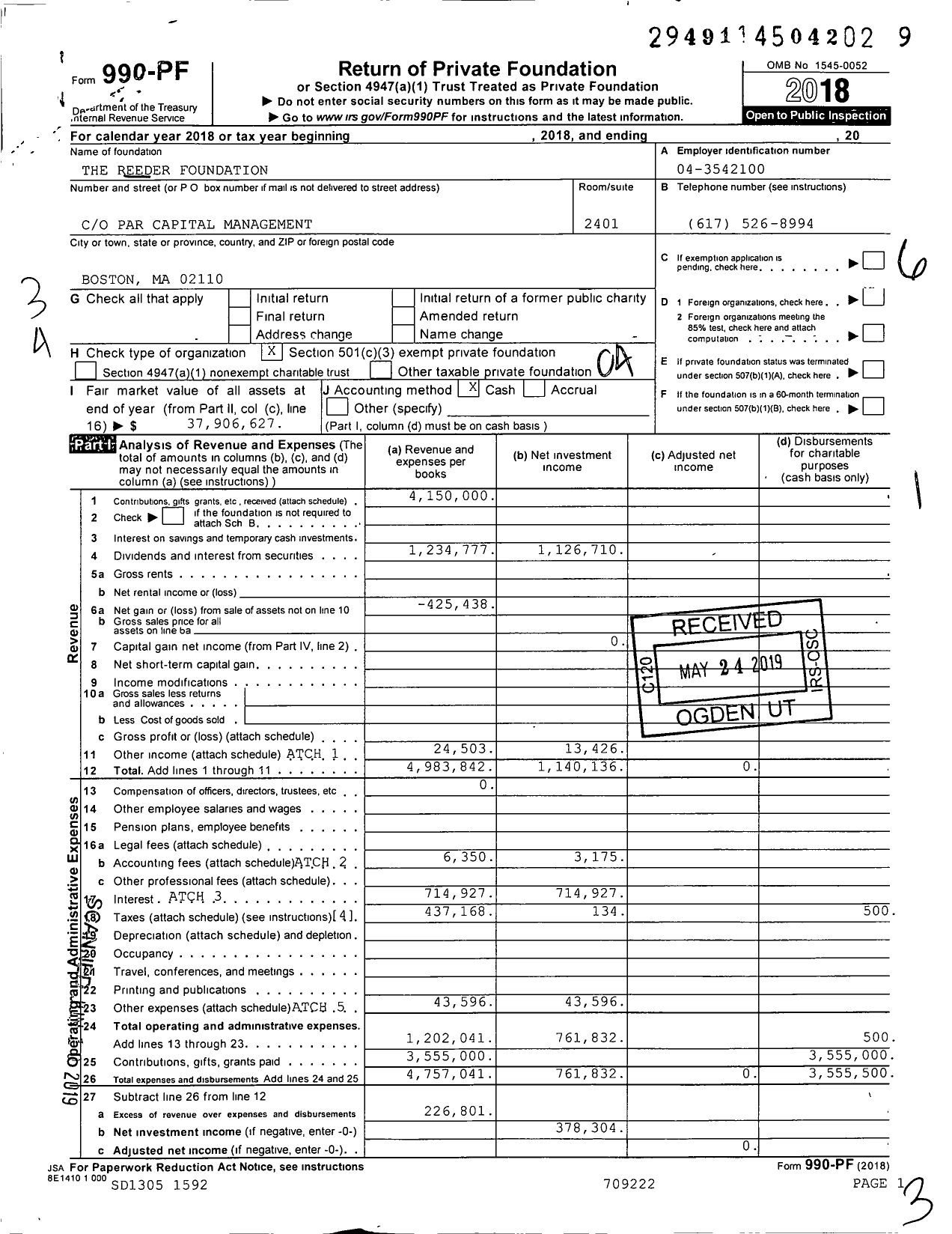 Image of first page of 2018 Form 990PF for Reeder Foundation