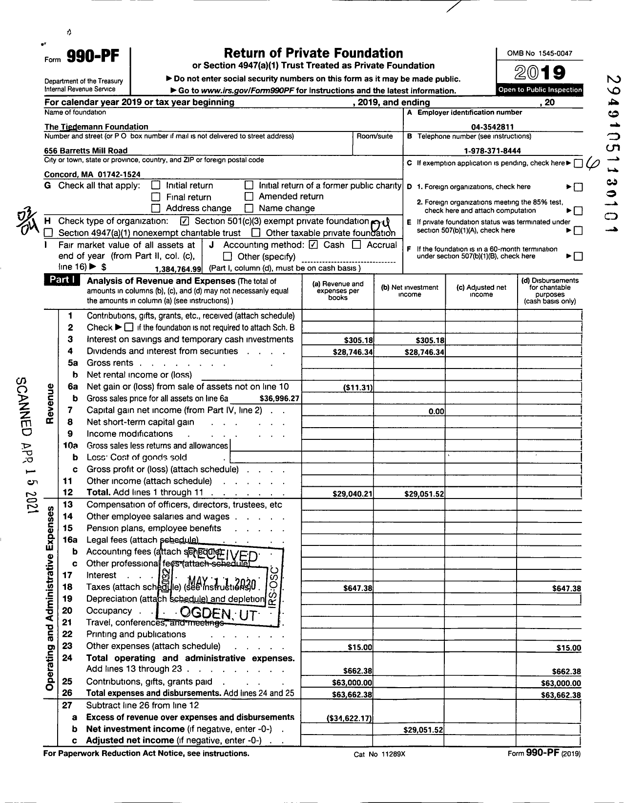 Image of first page of 2019 Form 990PF for The Tiedemann Foundation