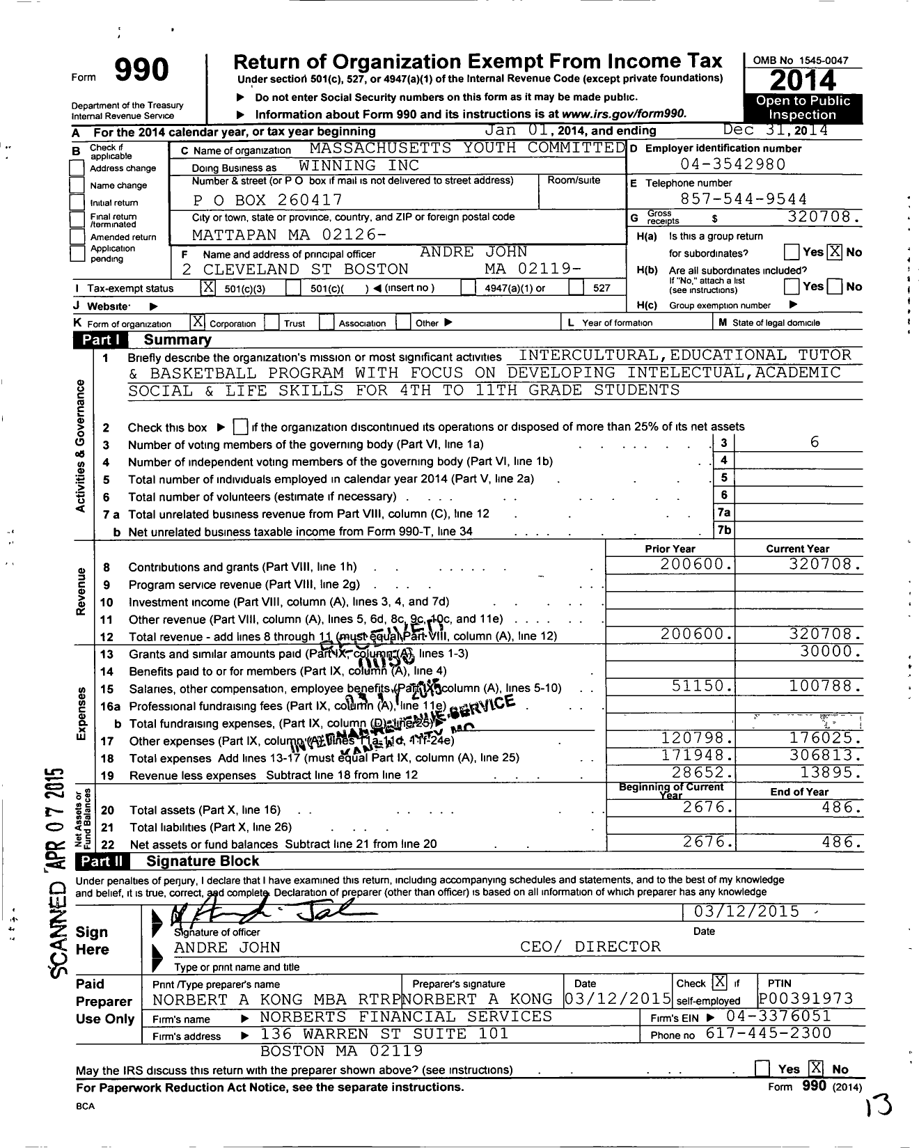 Image of first page of 2014 Form 990 for Massachusetts Youth Committed To Winning