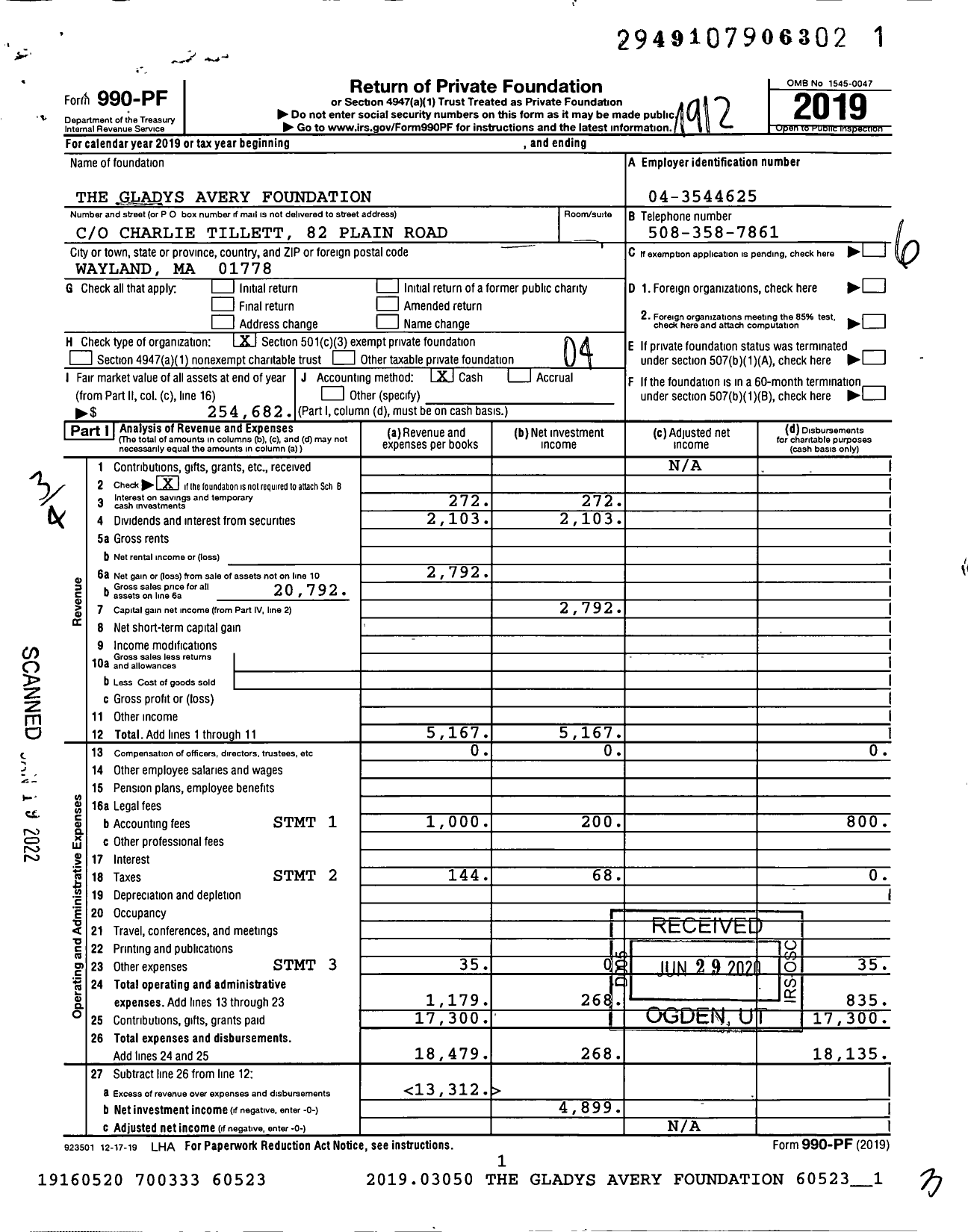 Image of first page of 2019 Form 990PF for The Gladys Avery Foundation