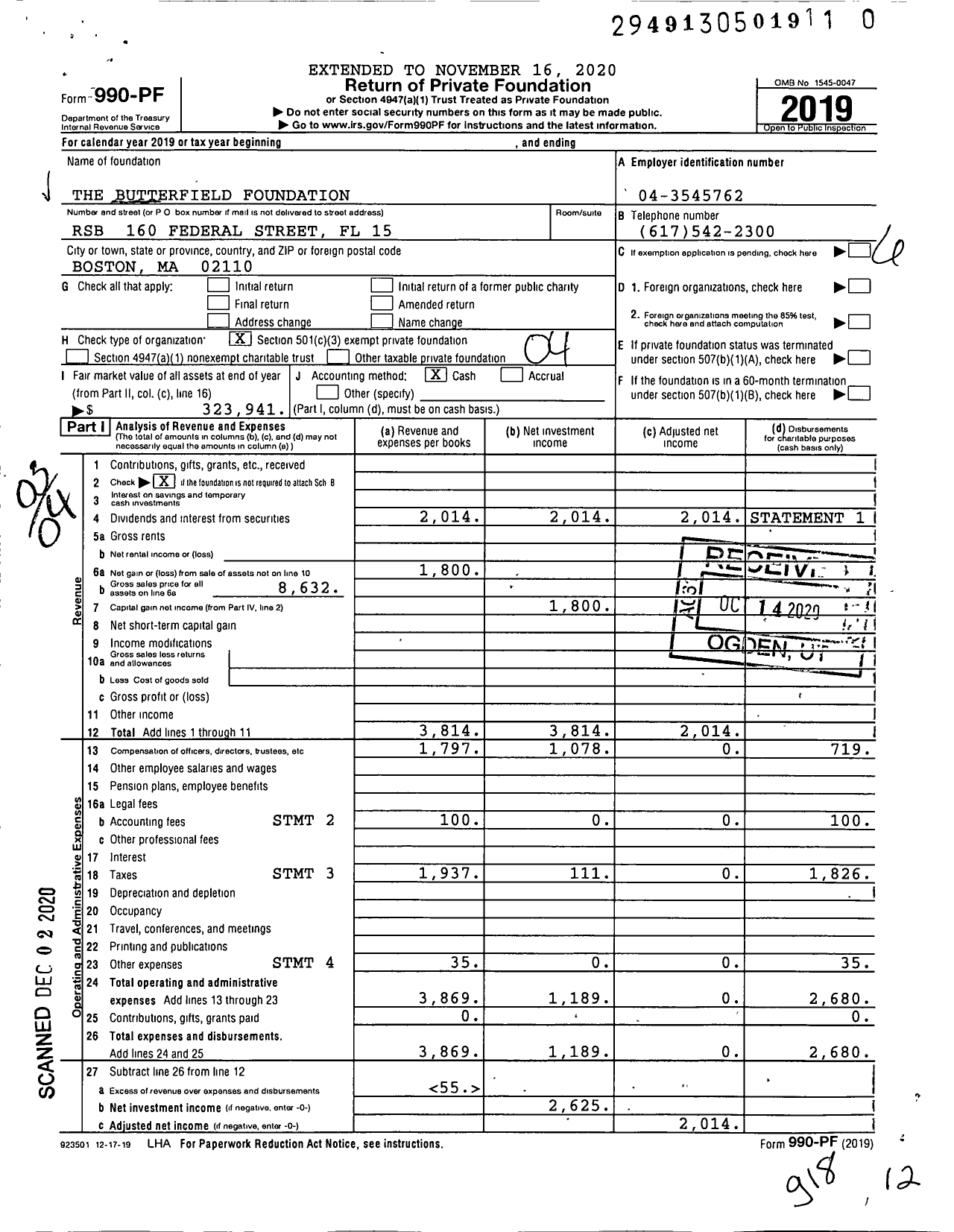 Image of first page of 2019 Form 990PF for The Butterfield Foundation