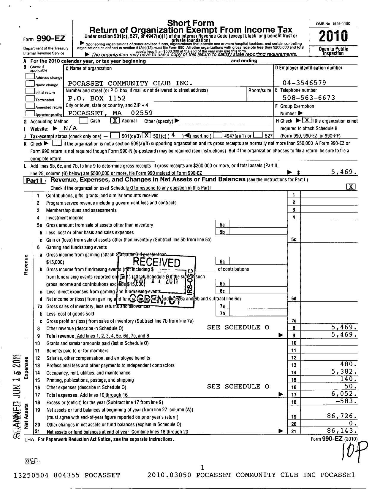 Image of first page of 2010 Form 990EO for Pocasset Community Club