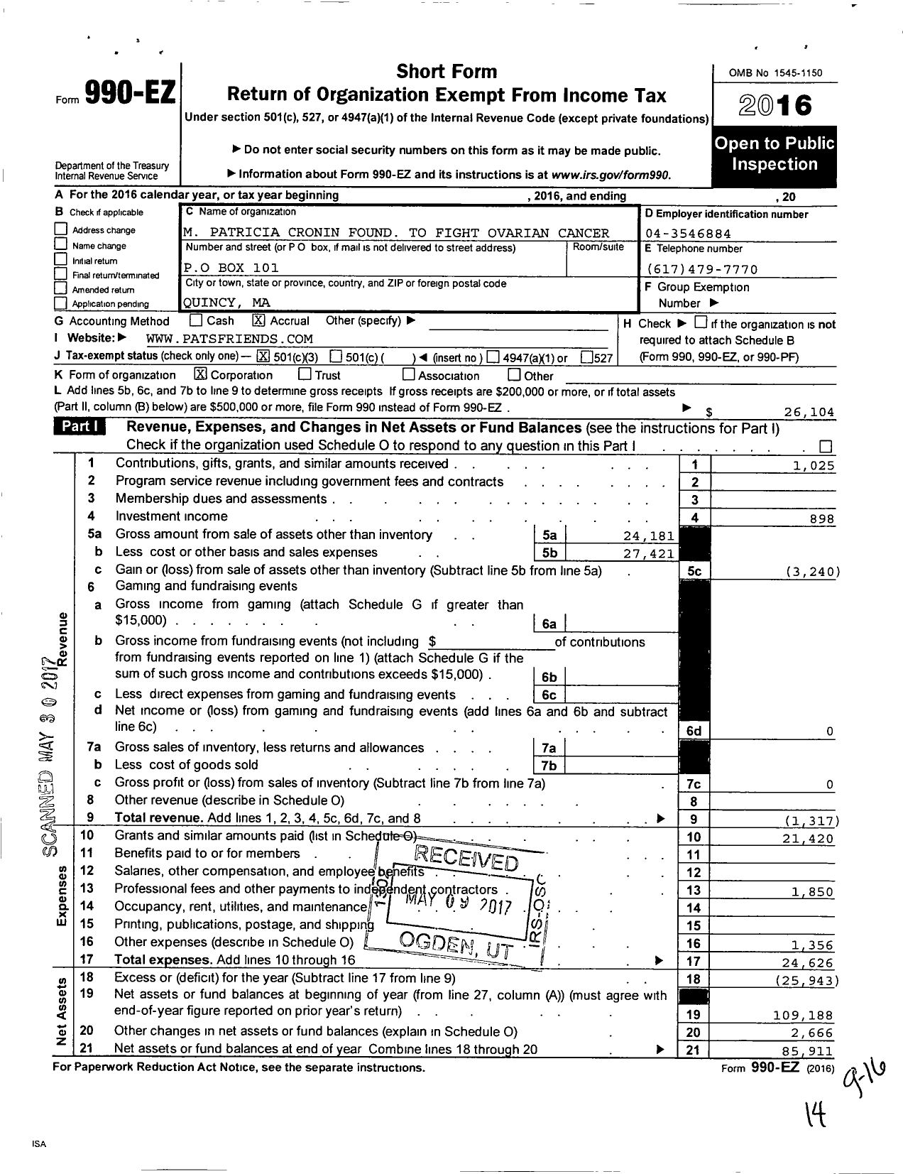 Image of first page of 2016 Form 990EZ for M Patricia Cronin Foundation To Fight Ovarian Cancer