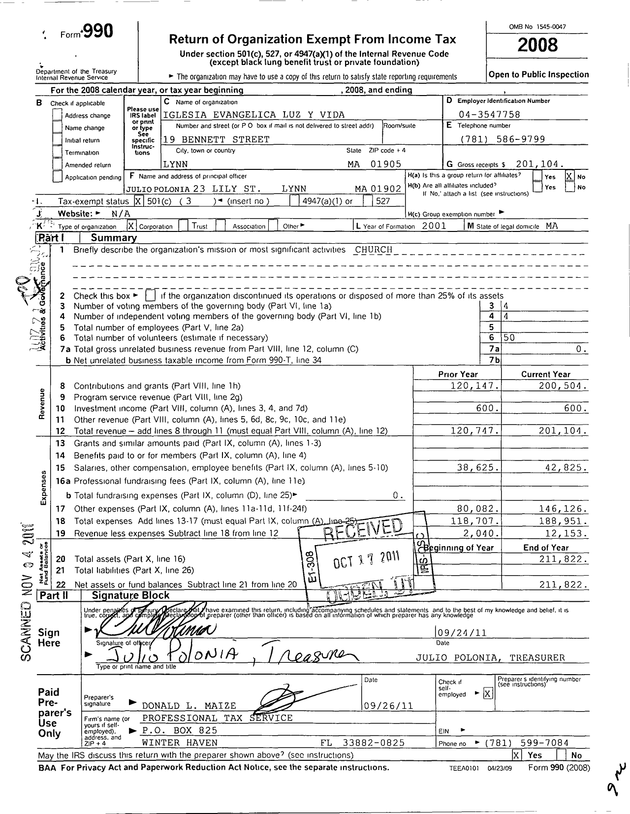 Image of first page of 2008 Form 990 for Iglesia Evangelica Luz Y Vida